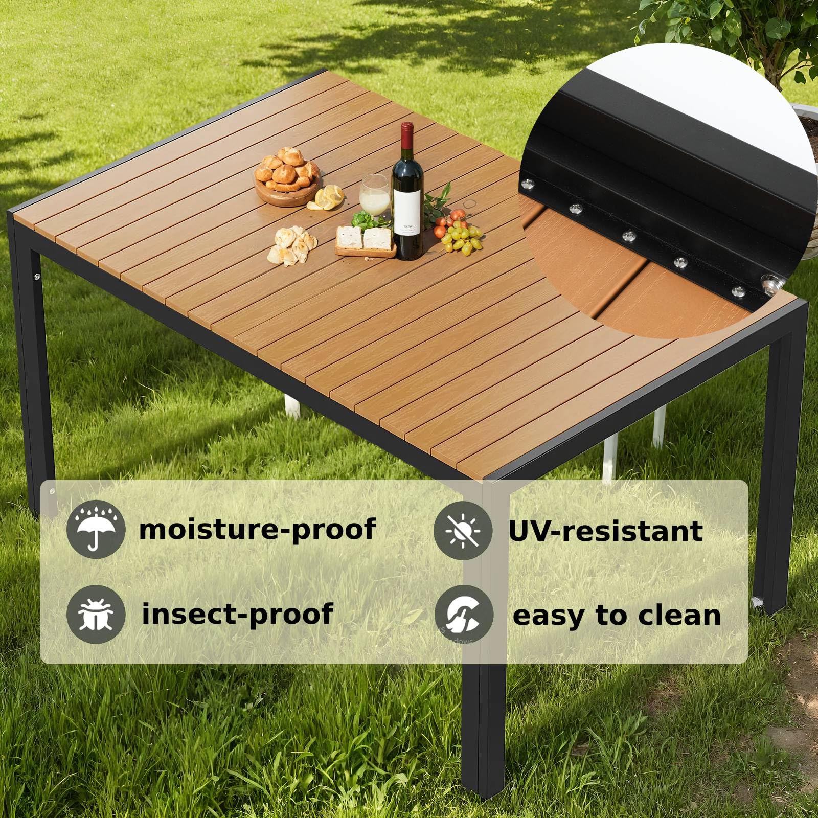 Clevich Tavolo da giardino resistente alle intemperie, 140 x 90 cm, quadrato in alluminio con piano in WPC, tavolo da pranzo da esterno per balcone e terrazza, facile da pulire e durevole, nero+teak