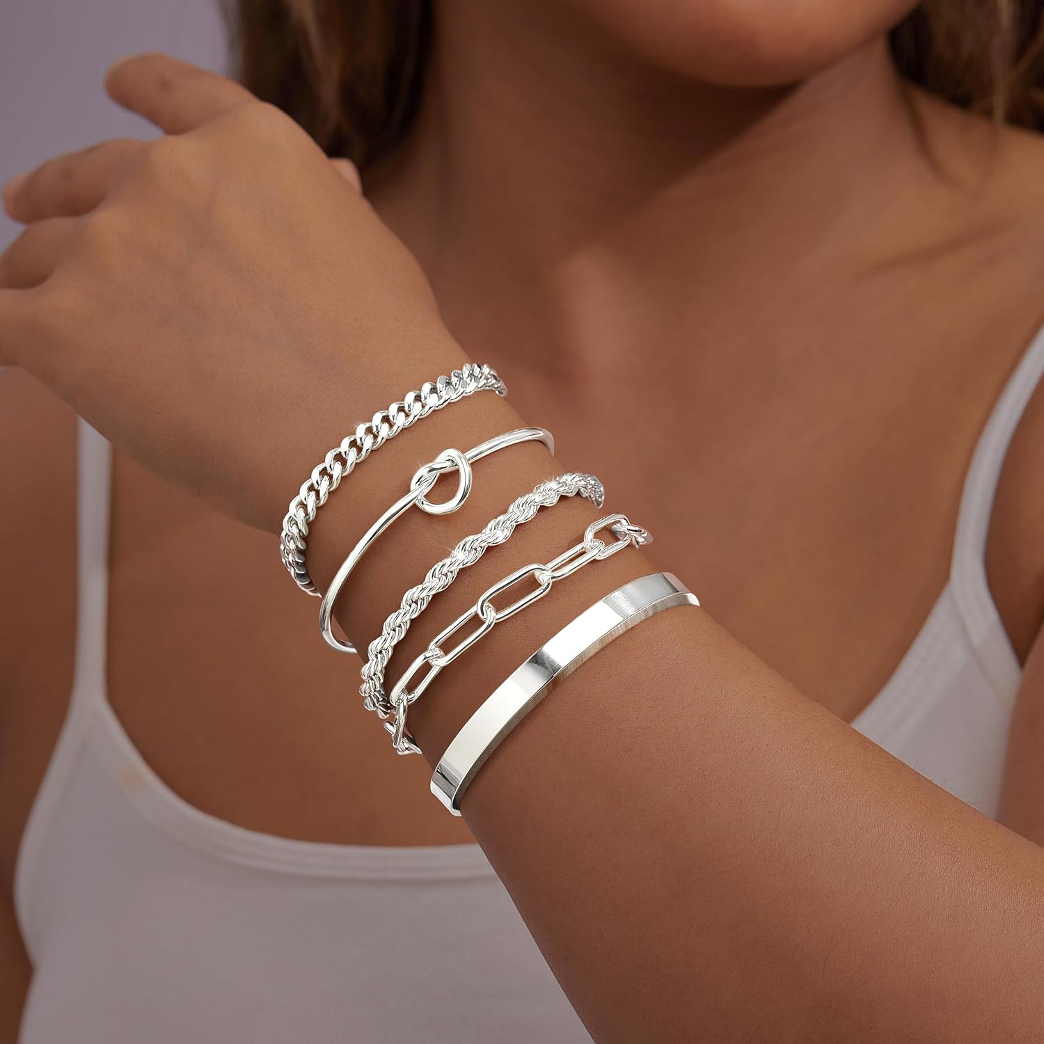 Sterling Silver Cuff Bangle Bracelet Set for Women Non Tarnish, Silver Chunky Cuban... - Image 2