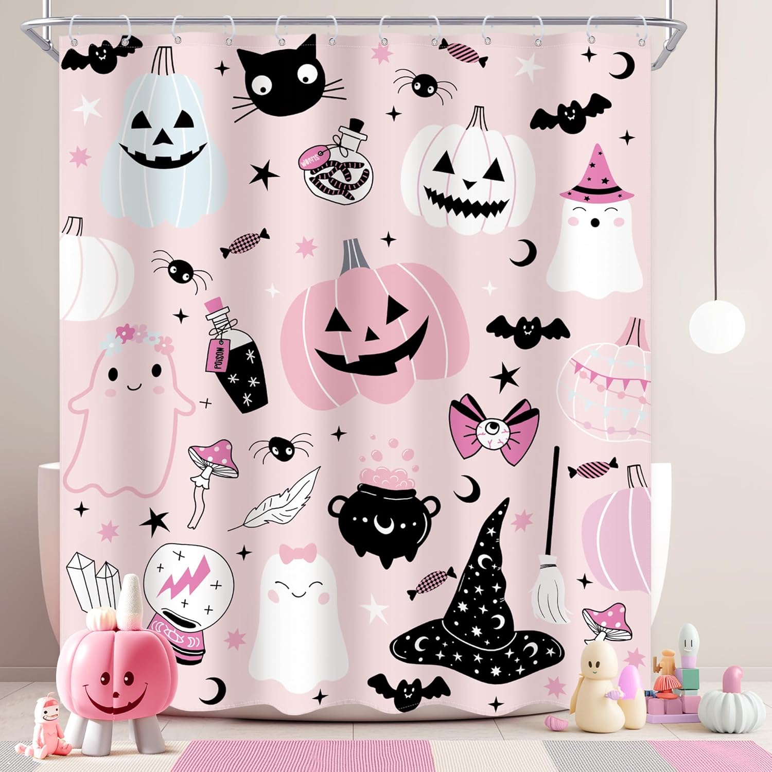 Halloween Pumpkin Shower Curtain 60Wx72L Inch Kids Pink Cute Cartoon Spooky Ghost Crystal Ball Bathroom Set Lovely Funny Witch Candy Bath Curtain Bathtub Accessories Home Decor Pink Halloween 60"W x 72"L (Pack of 1)