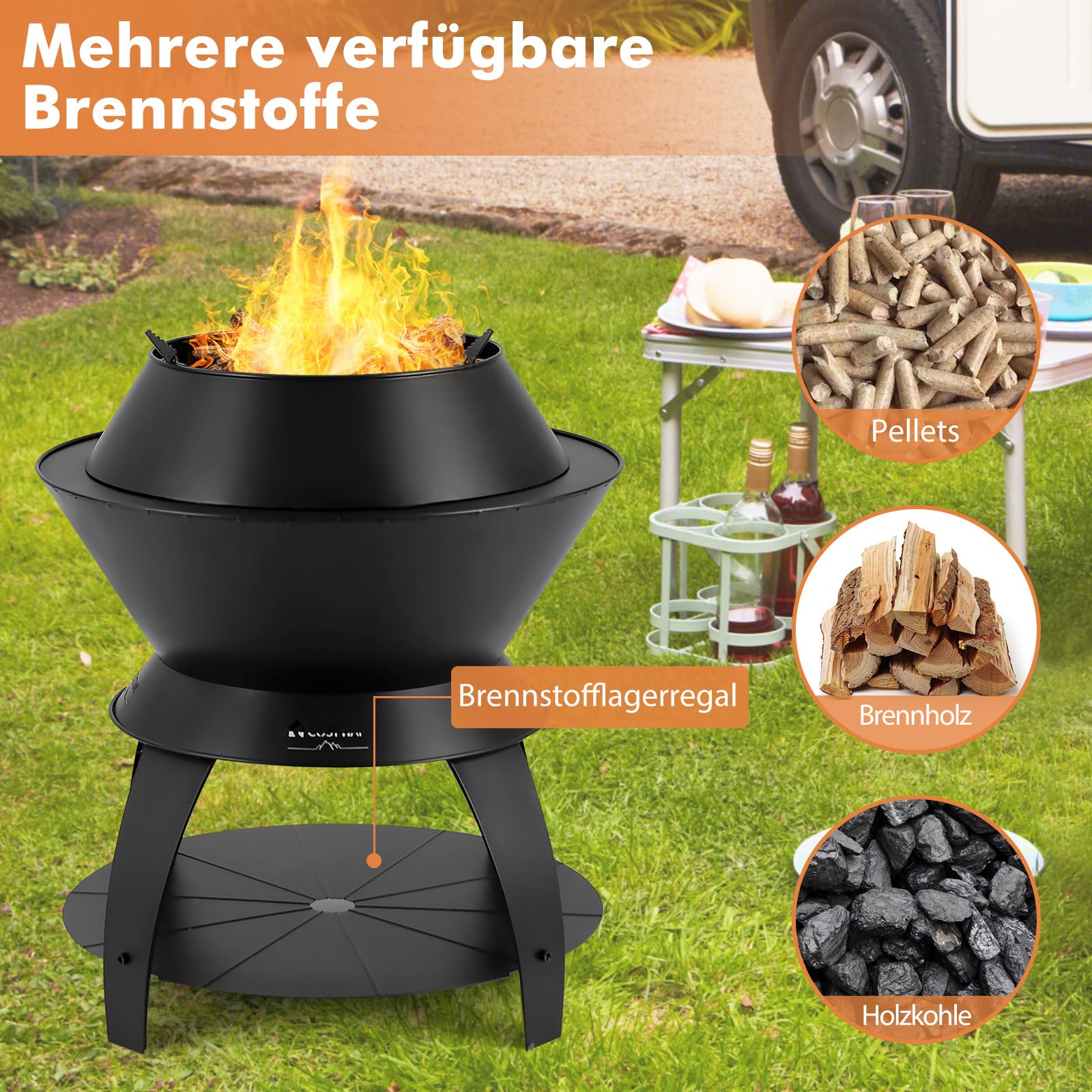 COSTWAY Palenisko z uchwytem na garnki i półkę, palenisko z bezdymnym spalaniem natlenionym, Fire Pit do kempingu, ogrodu i tarasu