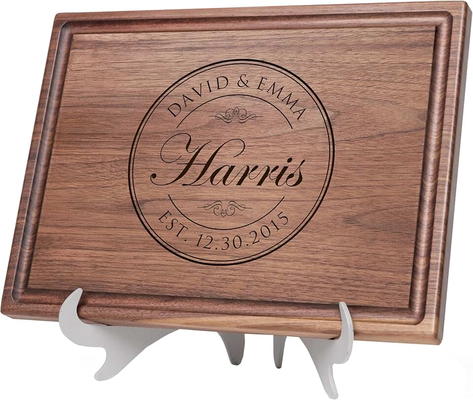 Personalized Cutting Board - Custom Engraved Wood Charcuterie Board - Best Wedding Gift Idea for Couples (Bride & Groom), Newlyweds - Handcrafted in USA from Premium Hardwood (Round Stamp 001)