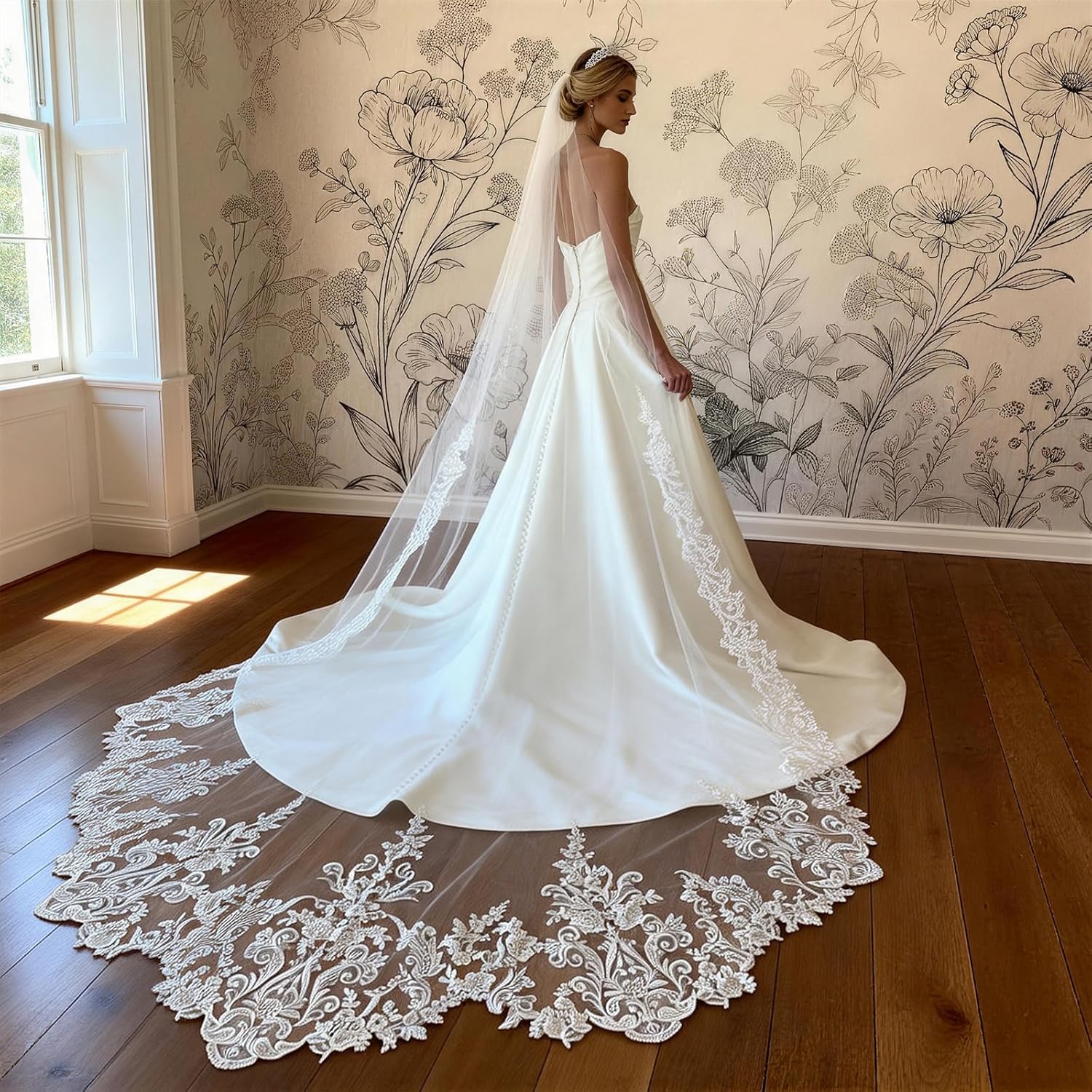 Kelaixiang Embroidered Lace Bridal Veil with Ornate Floral Patterns, Long Satin-Trimmed Wedding Veil for Bride