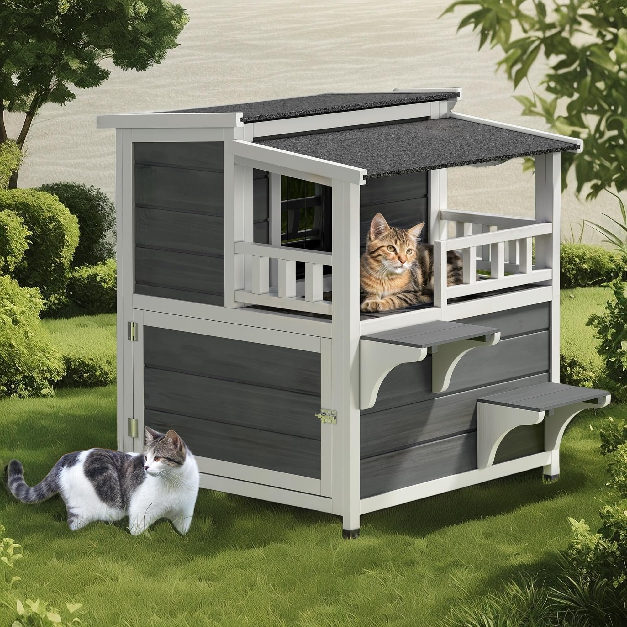 DWVO Large Two-Story Outdoor Cat House with Balcony for 2 Cats, Solid Wood Feral Cat Shelter Weatherproof with Escape Door & Openable Asphalt Roof, 2 Story Outside Cat Condo for Small Animals, Grey