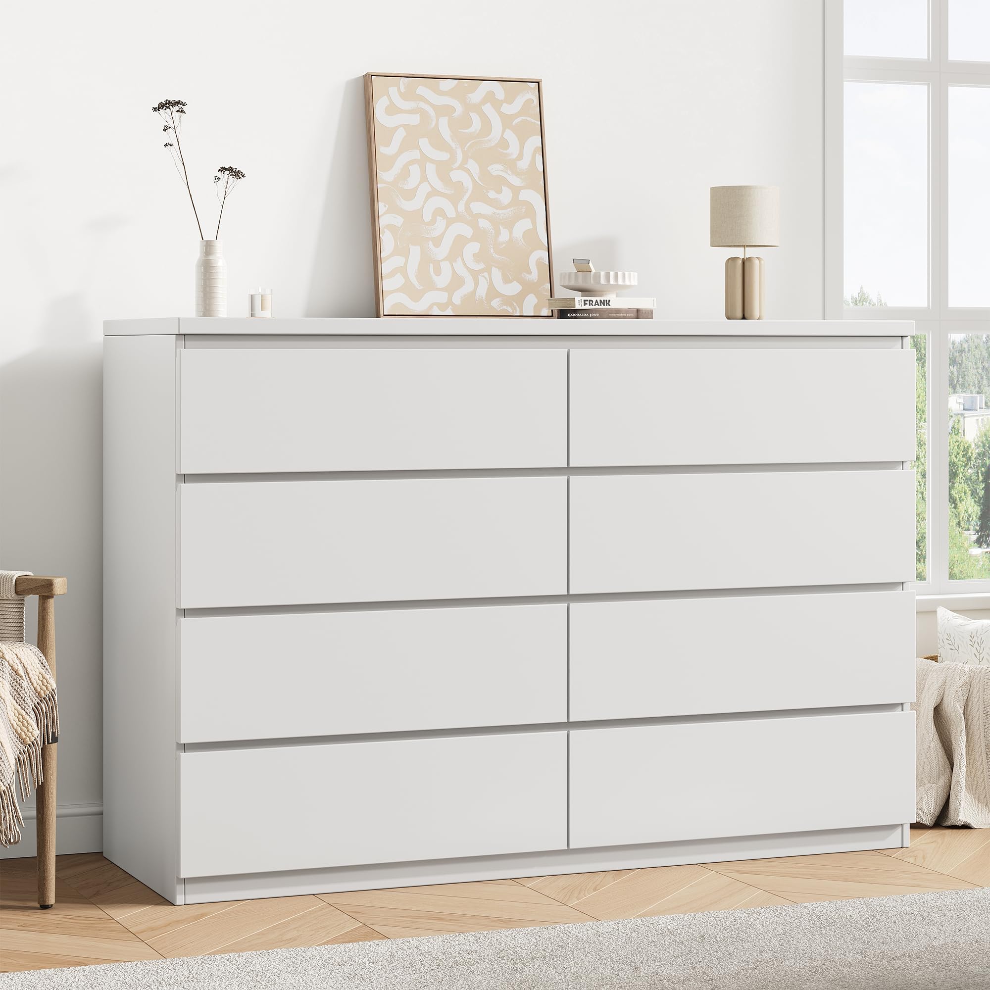 jocoevol white 8 drawer dresser for bedroom (15.3" d x 55.2" w x 32.3" h) | modern handleless drawers, wood storage dresser with anti-tipping ,a wider vanity top,made of mdf