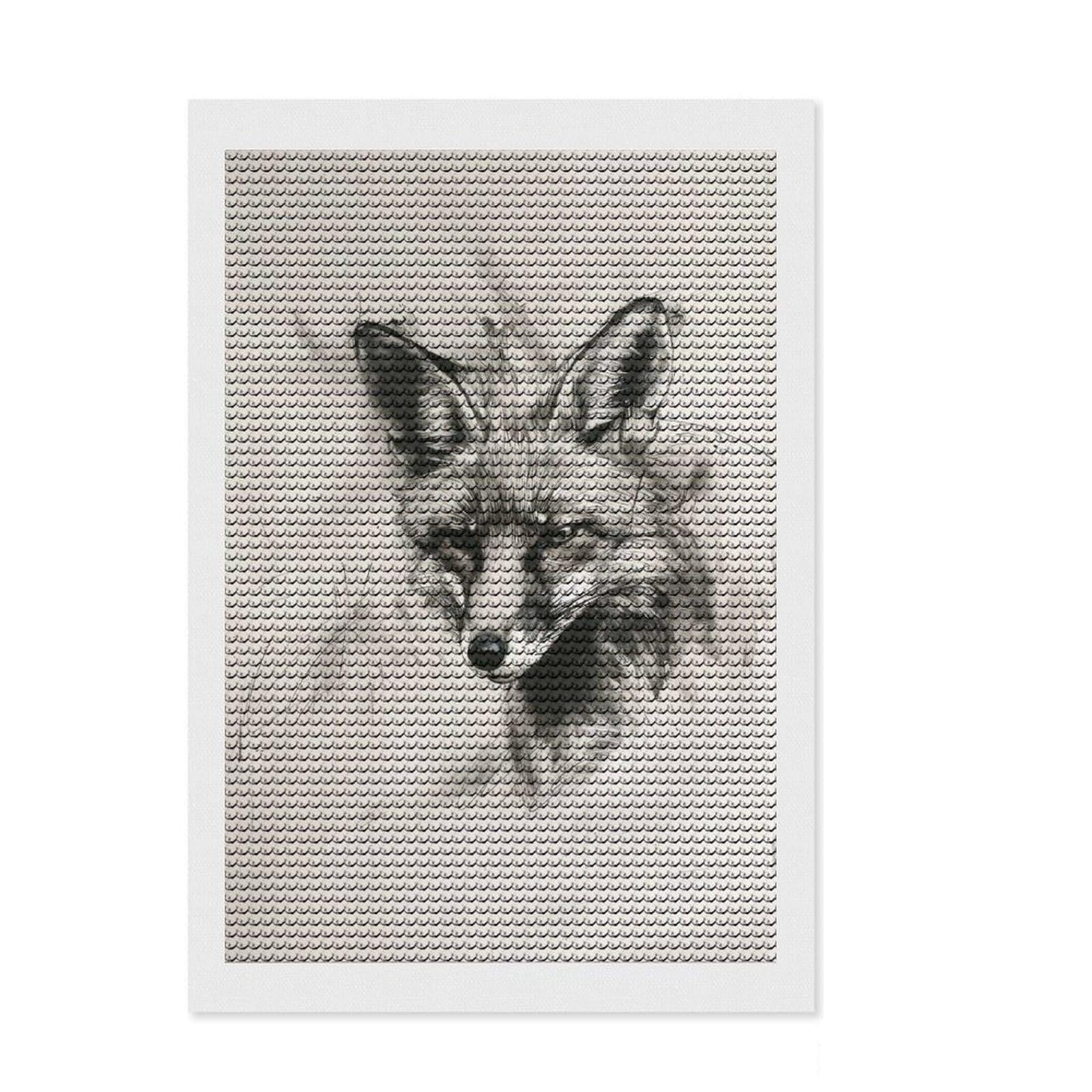 Junmoney Fox Head in Charcoal Round Drill Diamond Painting 8"x12", with Tool Kit, Easy to Follow Symbols, Farmhouse Decor, for Craft Lovers
