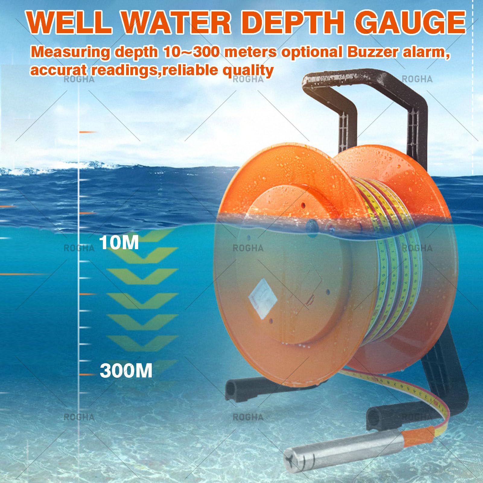 Medidor Portátil de Nivel de Agua para Pozos Profundos, Herramienta de Medición para Pozos de Agua, con Sonda de Acero Inoxidable, Luz Indicadora, Indicador de Pico 100m(328ft)
