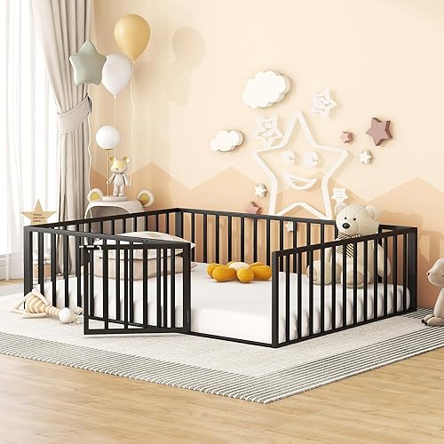 Miniatura 3 de Harper & Bright Designs Base de cama de metal Queen con rieles, cama Montessori Queen con valla y puerta, para niños y niñas (tamaño Queen, negro)