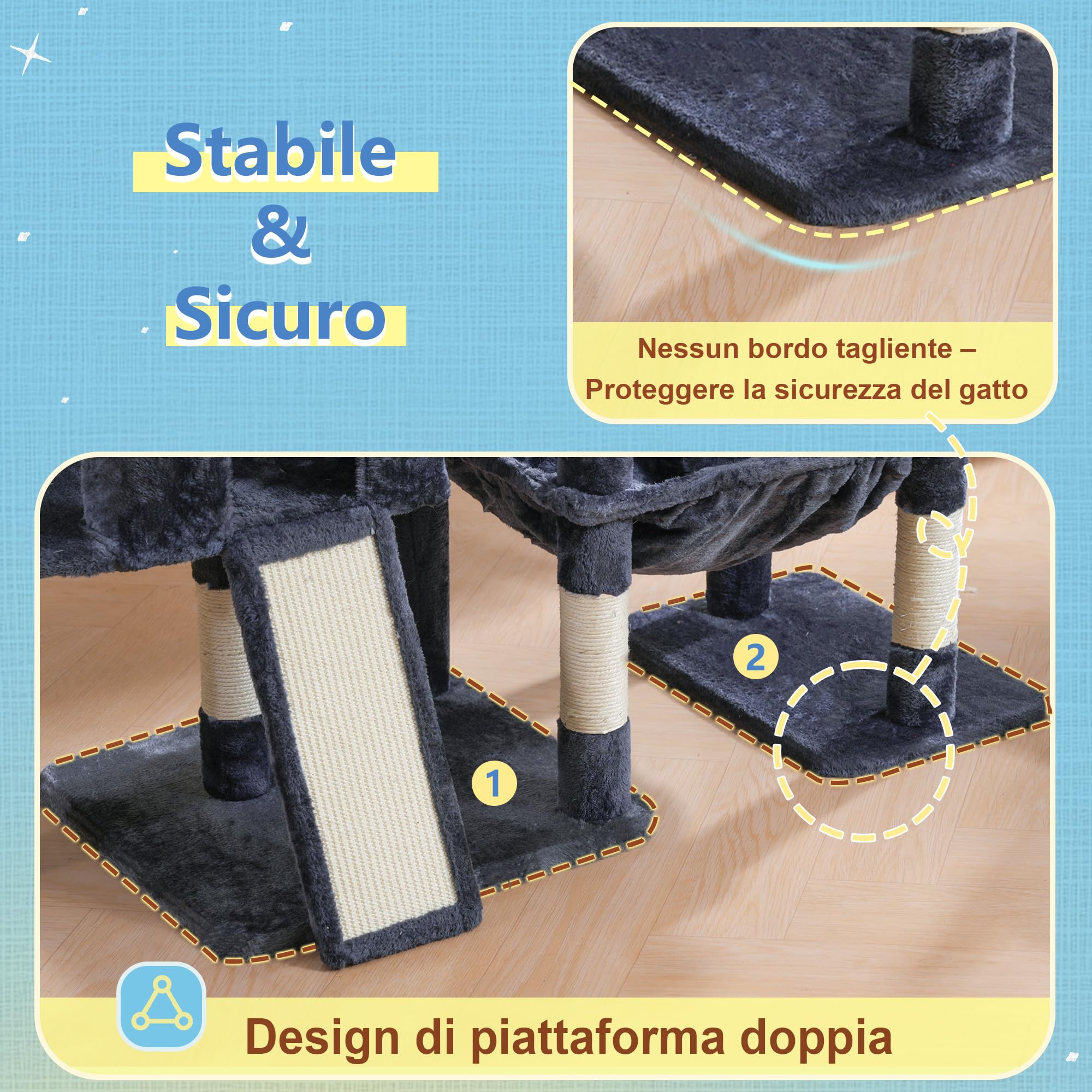 Hey-brother Albero per Gatti, Tiragraffi per Gatti per di con grande piattaforma Per i gatti adulti, Con 2 cuccie per gatti, amaca, arricciatoio di sisale e cestino per gatti, Griso fumé MPJ071G