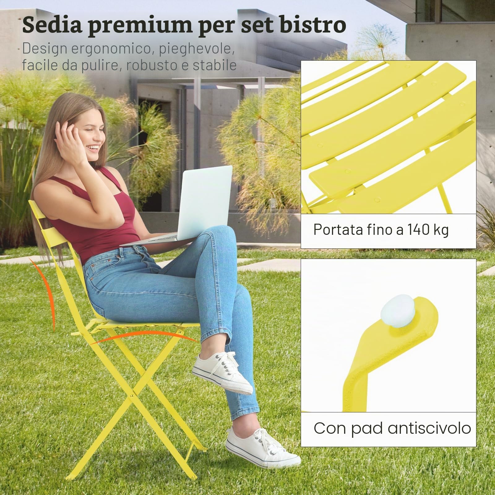 LIFERUN Set da Bistrot Pieghevole 3 Pezzi, Tavolo da Giardino Bistrot in Metallo, 1 Tavolo e 2 Sedie per Piccoli Balconi, Resistente alle Intemperie, per Balcone, Giardino e Terrazzo, Giallo
