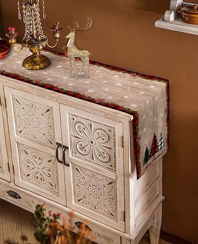 Miniatura 4 de Merry Christmas - Camino de mesa de lino y algodón, diseño de búfalo a cuadros de granja, árbol de Navidad, copo de nieve, árbol de pino, para mesa