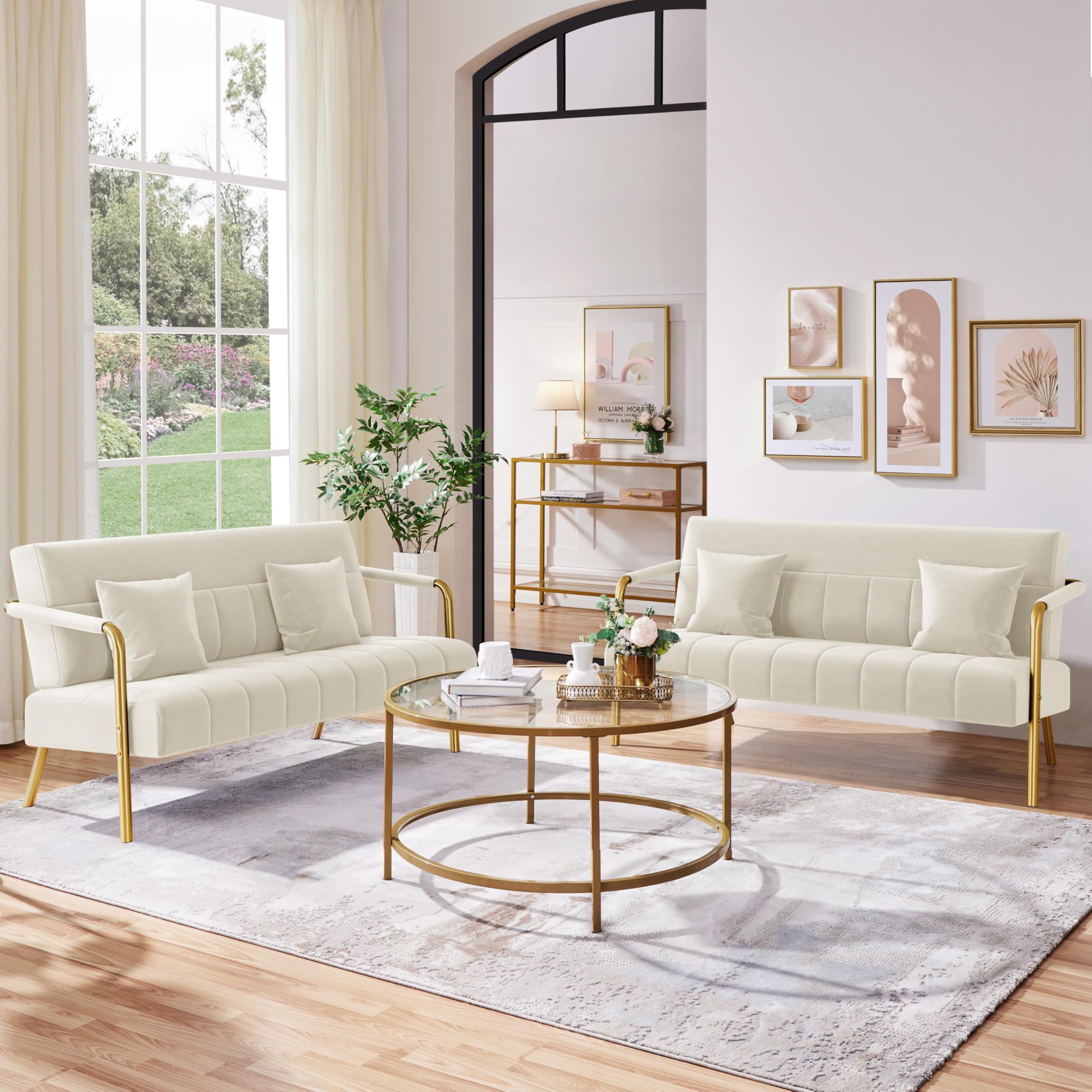Yaheetech Polstersofa mit Armlehnen & Beine aus Metall Modernes Zweisitzer-Sofa mit 2 Lendenkissen Loveseat fürs Wohnzimmer, Heimbüro Beige