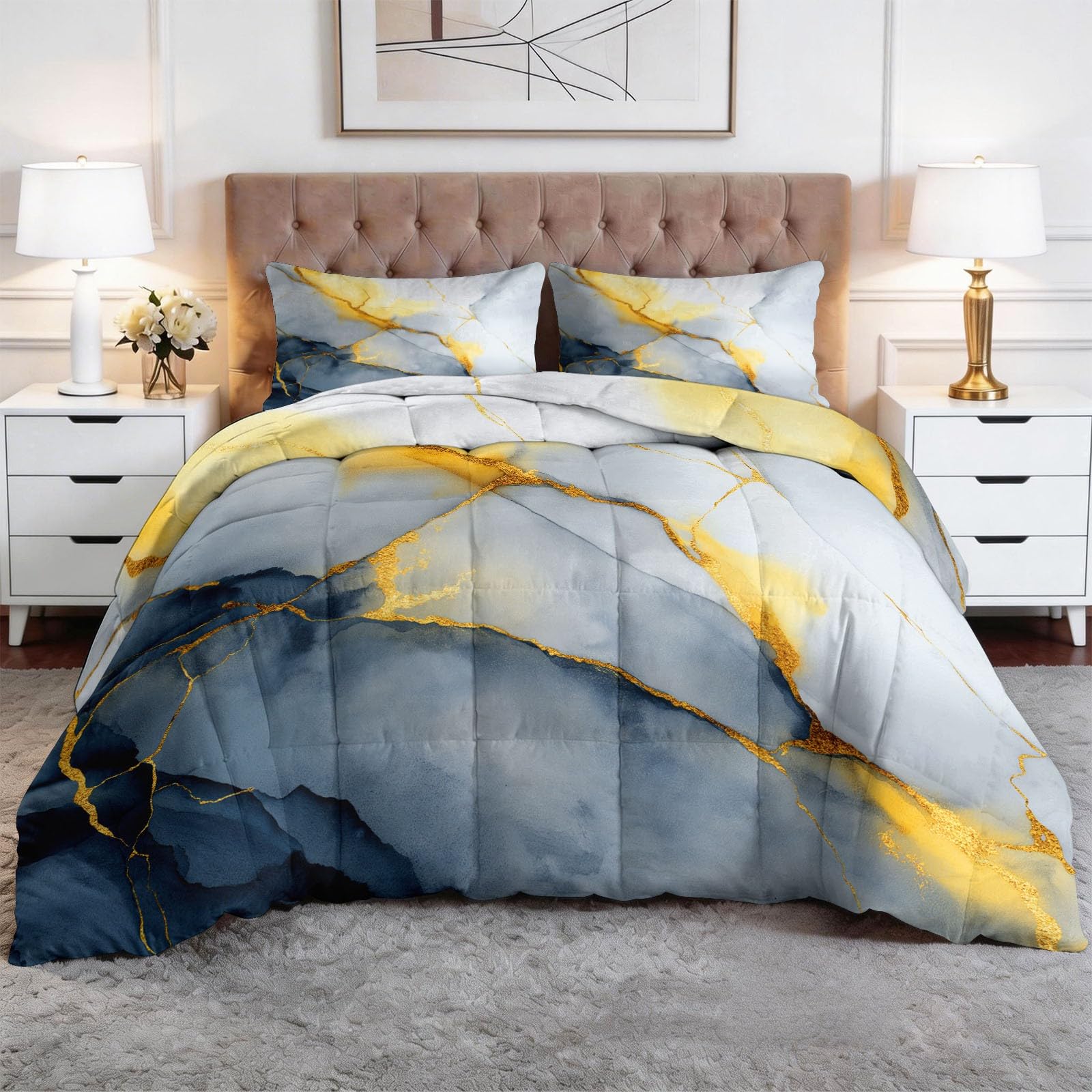 Generico Piumone Invernale Matrimoniale 220 x 240 cm Astratto Texture Marmo Trapunta in Ecopiuma 400 gr/mq, Caldo ed Elegante – Biancheria da Letto Anallergica e Traspirante – Set 3 Pezzi, Grigio