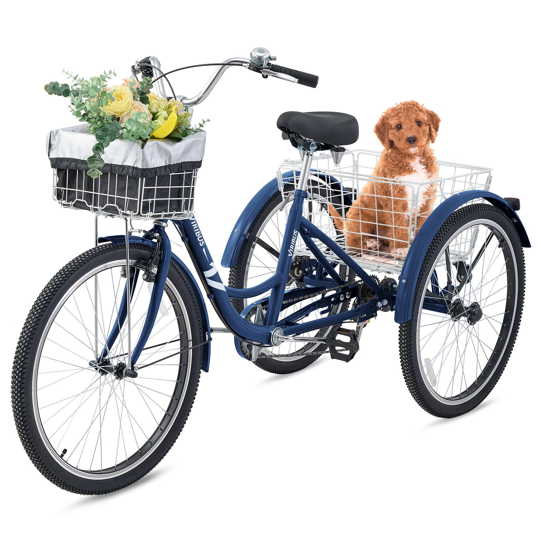 VIRIBUS Tricycle for Adults, 7 Speed Adult Tricycles for Women Seniors Men with Front and Rear Removable Wheeled Baskets, 3 Wheel Bikes 26 inch 400 lb