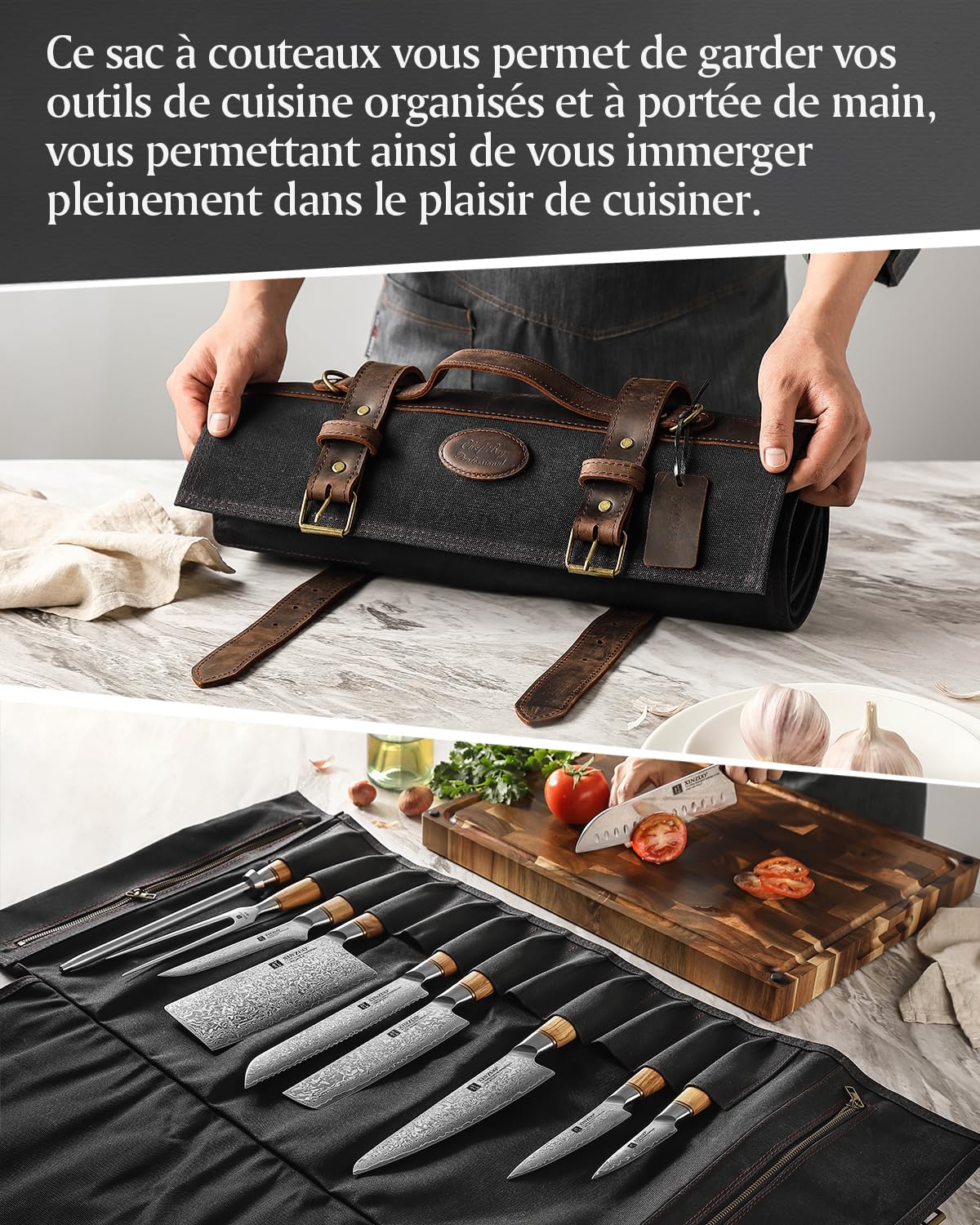 XINZUO Couteau de Chef Roll Sac Noir,12 Emplacements,Toile Cirée Imperméable 16oz et Cuir,Rouleau de Couteaux de Voyage pour Chef, Sac de Rangement Portable pour Couteaux de Cuisine (Pas de Couteau)