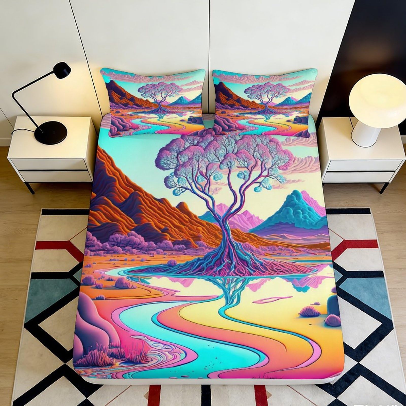 3D Printed Vibrant Tree and River Fitted Sheet Microfiber Durable Soft 3D Landscape Mattress Cover for Bedroom Home Dormitory Guest Room 120x200x25cm
