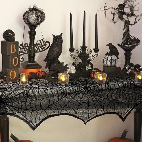 Vista 4 de AerWo tela de araña para decorar la chimenea para halloween manto de encaje negro, cotillón para fiestas, 45 x 243 cm 18 x 96 pulgadas