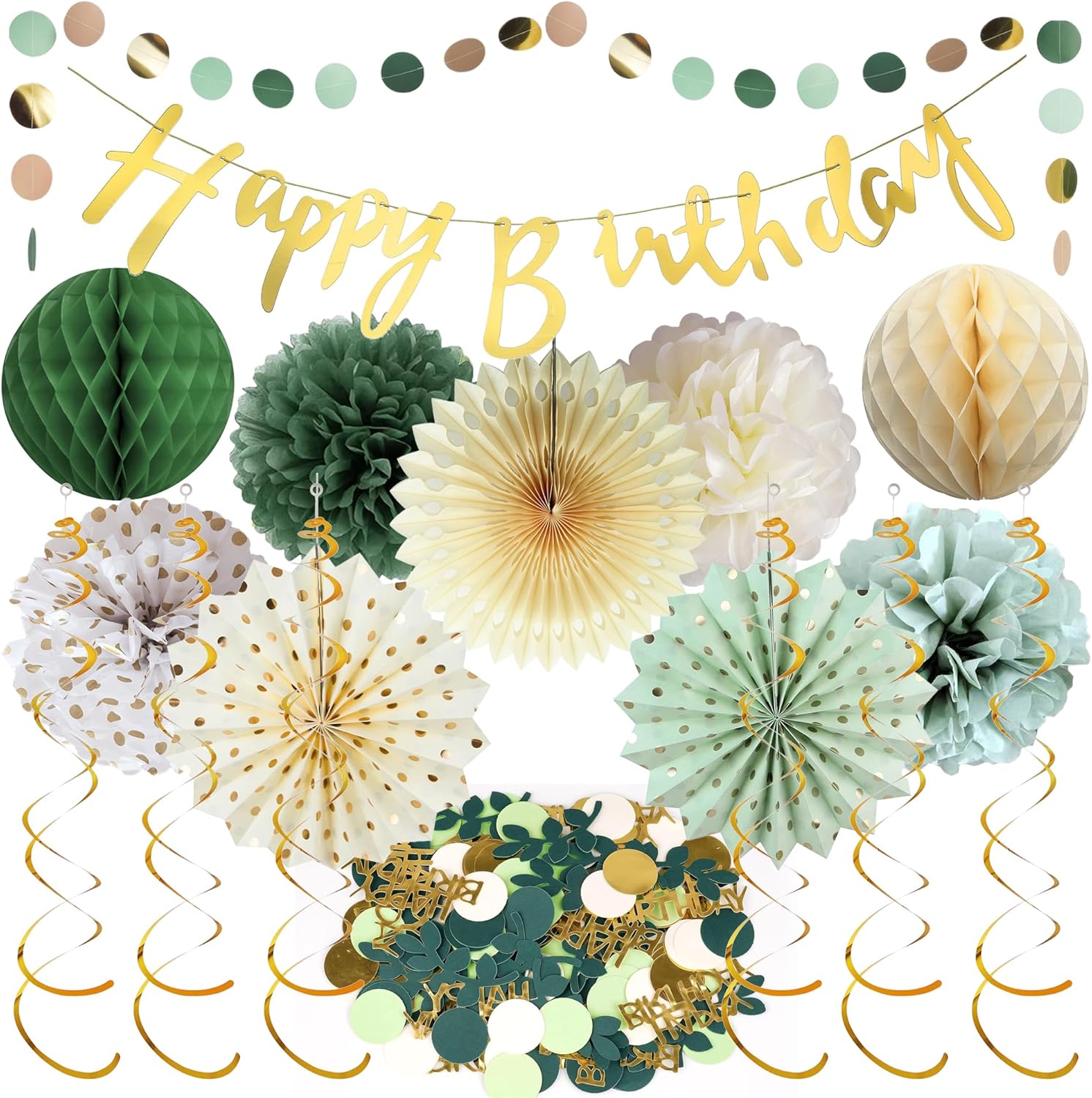 Sage Green Birthday Party Decoration - 13 Pcs Banners Double Spirls Tissue Pompoms Honeycomb Balls Paper Fans for Women Men Birthday Party Anniversary Decor Supplies