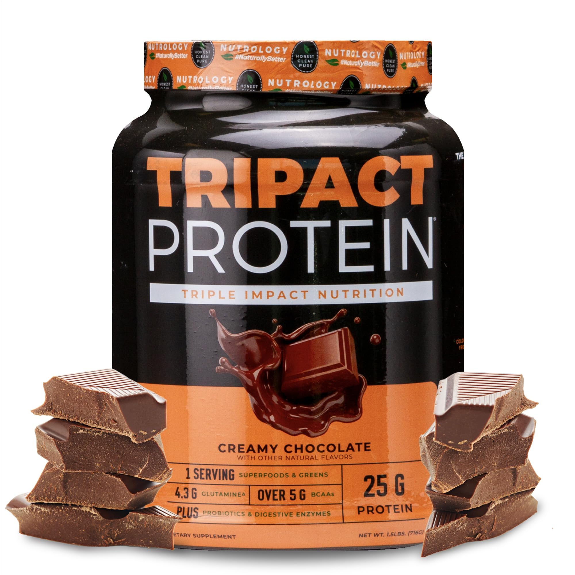 NutrologyTRIPACT Protein - Premium Nutrition Shake - Non-GMO Grass Fed Whey Protein, Plant Proteins, Greens, Superfoods & Probiotics - Over 5g BCAAs - Creamy Chocolate 1.5lb.