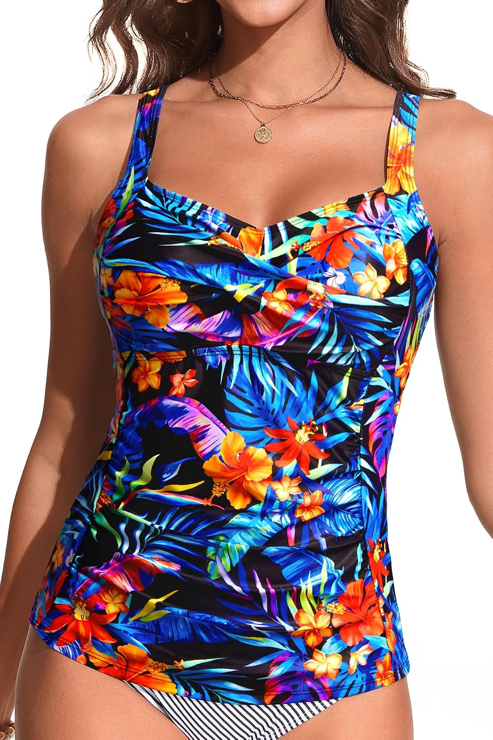 Black with Colorful Floral Underwire Tankini Tops for Women - Tummy Control Swim Top Only 2025 Twist Front Bathing Suit Top No Bottom L