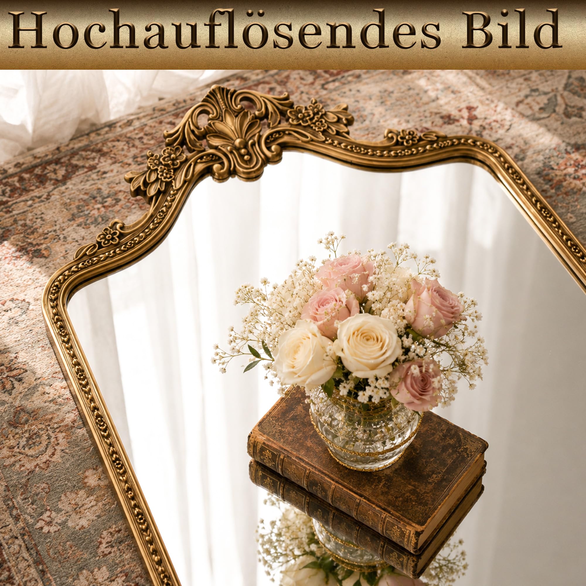 BEAUTYPEAK 175x70 cm Retro-Ganzkörperspiegel mit Geprägter Verzierung an der Oberseite, Groß Standspiegel Geeignet zur Dekoration von Wohnzimmern, Gold