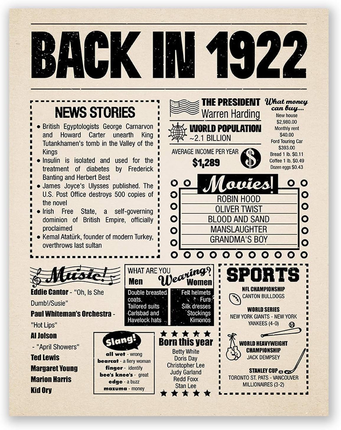 8x10 1922 Birthday Gift // Back in 1922 Newspaper Poster // 103rd Birthday Gift // 103rd Party Decoration // 103rd Birthday Sign // Born in 1922 Print (8x10, Newspaper, 1922)