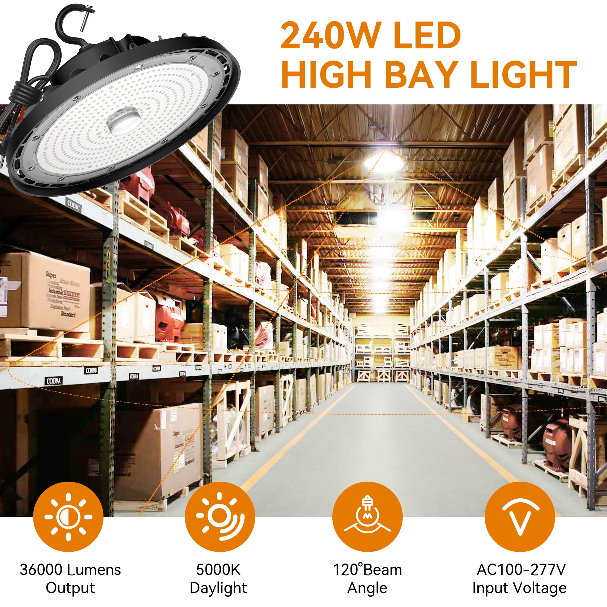 UFO LED High Bay Light 240W 36 000lm 5000K Daylight High Bay LED Shop Lights with US Plug — view 2