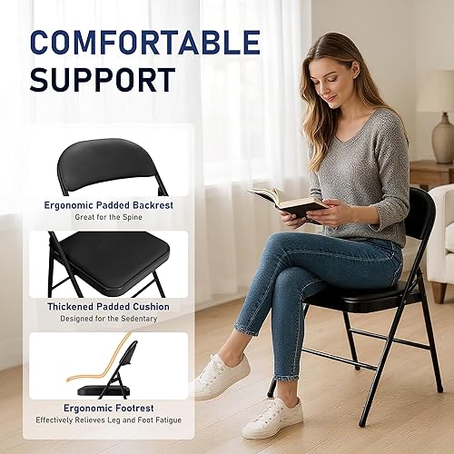 Miniatura 4 de Paquete de 6 sillas plegables negras con cojín, silla plegable acolchada con asiento y respaldo de piel sintética, sillas plegables de metal