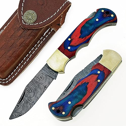Cuchillo plegable de acero de Damasco hecho a mano personalizado/cuchillo de bolsillo SS-17482 (madera de color rojo y azul) (negro)