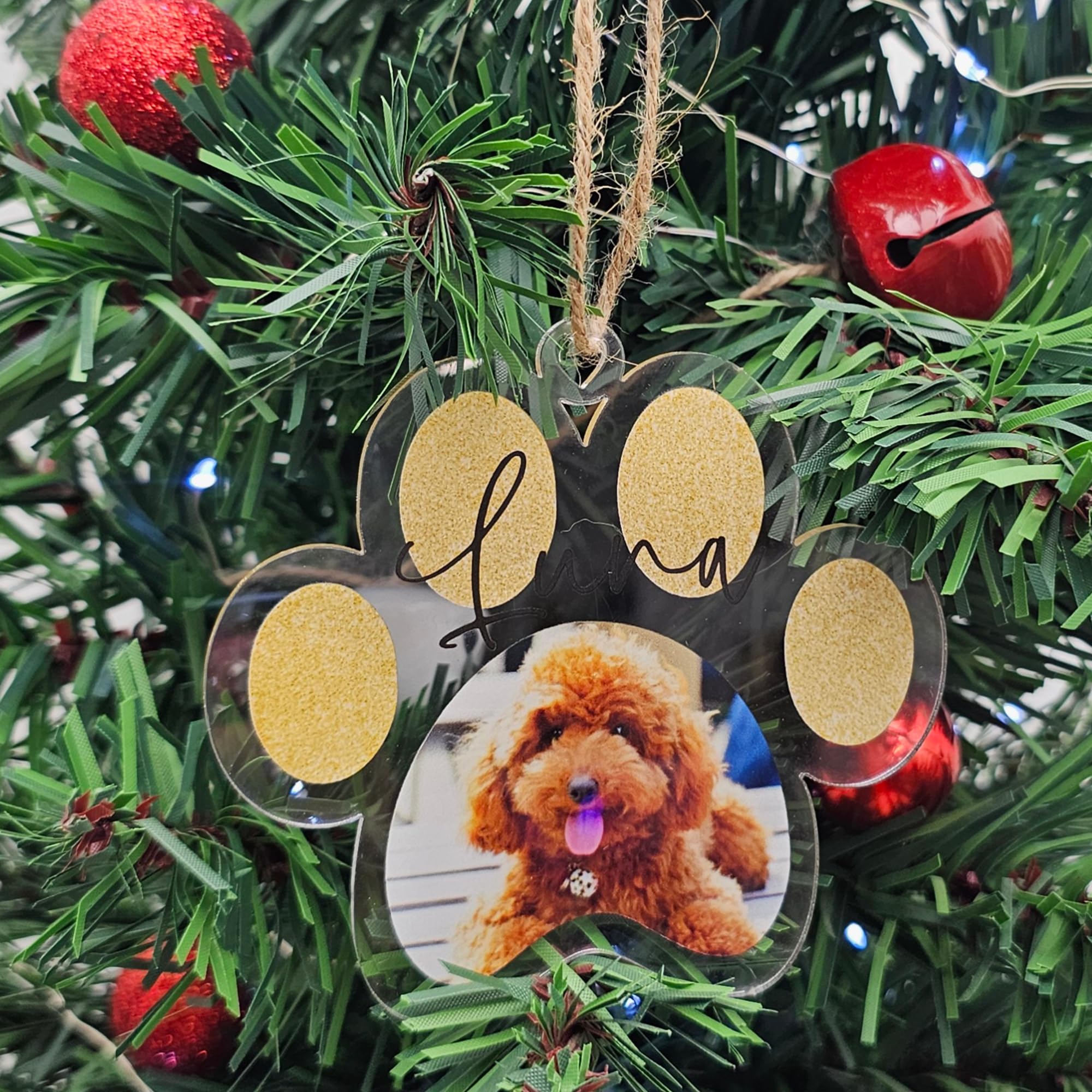 Personalised Photo Christmas Decoration - Customisable Bauble for Pet Lovers, Heartwarming Keepsake for the Holidays, (Gold, Acrylic Indoor & Outdoor Use 10cm x 9cm)