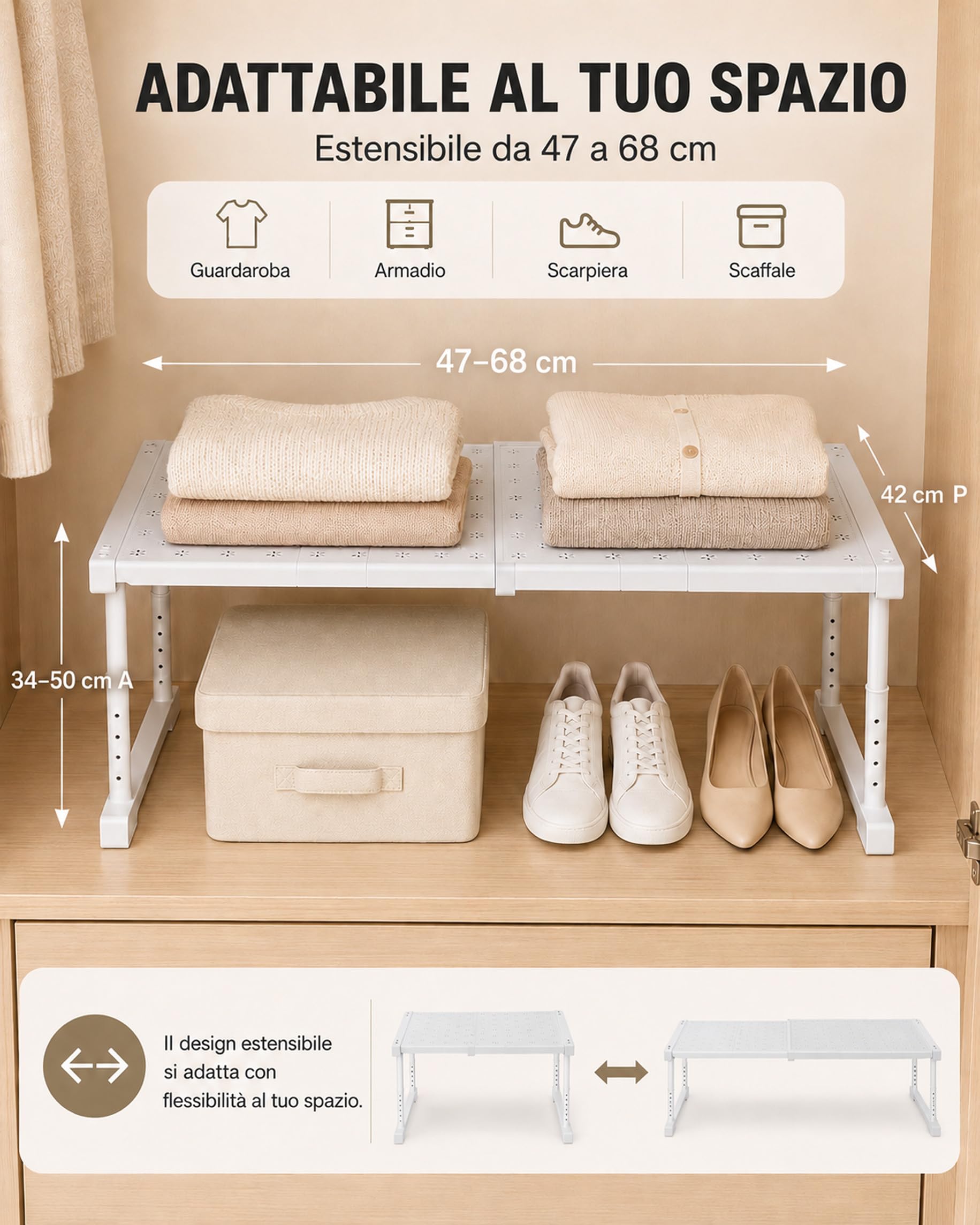 Armadio espandibile, impilabile, scaffale portaoggetti regolabile in altezza, bianco, organizer regolabile, lunghezza 47-68 cm, robusto scaffale per cucina, bagno, dispensa