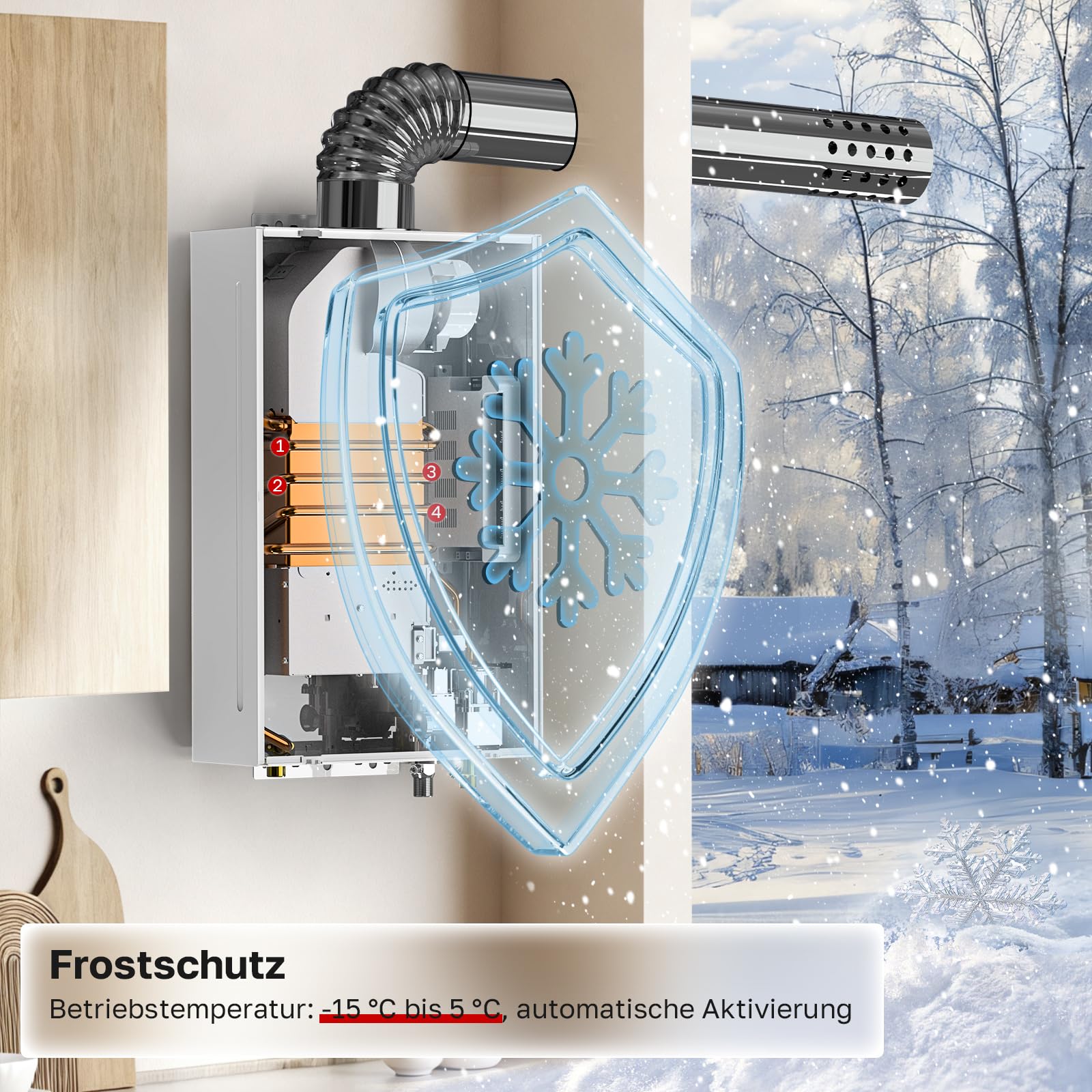 ThermoMate ECO Gasdurchlauferhitzer innenbereich 16 Liter, ErP/niedrige NOx Erdgas raumluftunabhängige Durchlauferhitzer(20mbar), Gas-Warmwasserbereiter fur Küchen und Bad