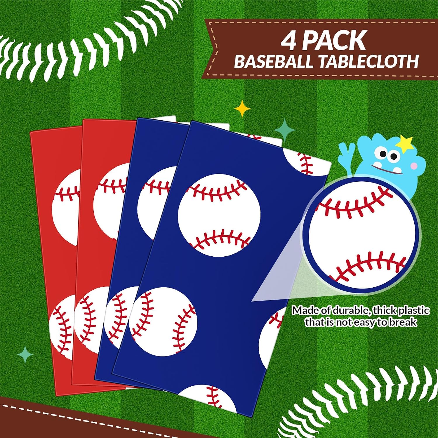 Tenceur 4 Pcs Baseball Plastic Tablecloths, Rookie of The Year Birthday Decorations, 54 x 108 Inch Baseball Rookie Year Table Cloth Red Blue White Table Cover for Party Supplies (Bright Color) image 2
