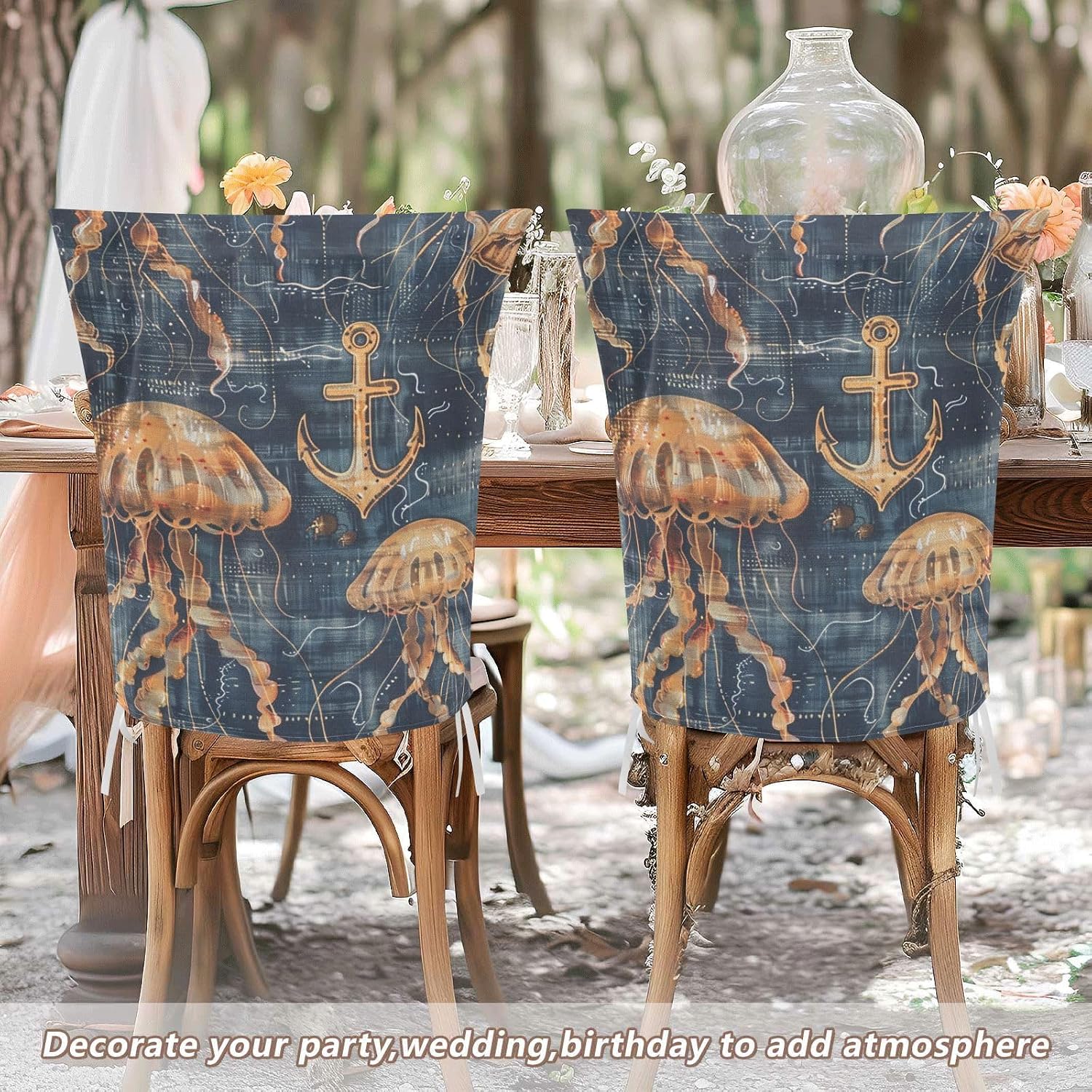 ALAZA Anchor Jellyfish Chair Back Cover Set of 6, Washable Reusable Removable Chair Slipcovers Decorative Chair Cover for Home Kitchen Wedding Party