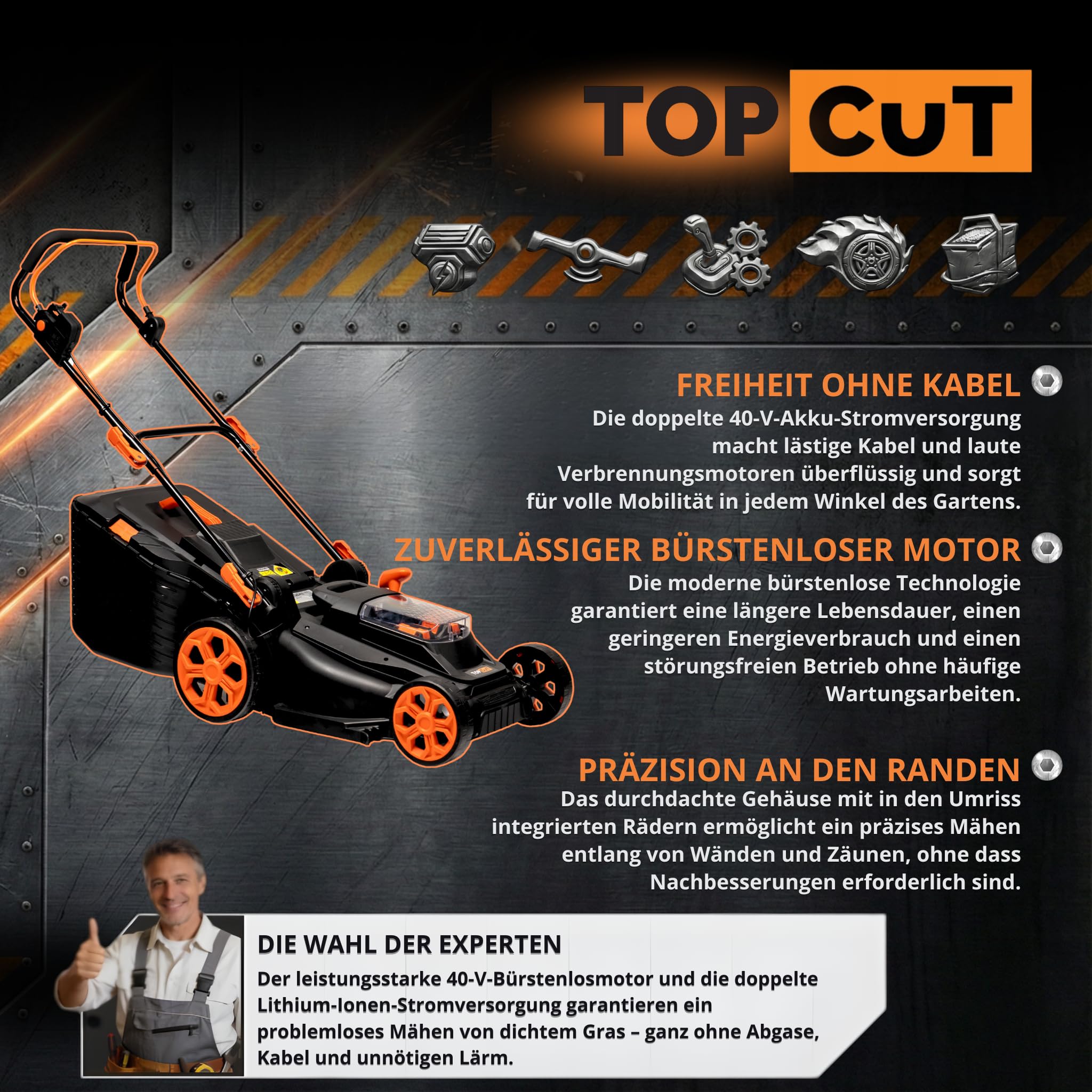 TOP CUT TC-LB-38-40V | Akku Rasenmäher Bürstenlos 38cm | 2X 4Ah Akku Doppel Ladegerät 45L Fangkorb 6 Stufen Schnitthöhe | Leichter Elektro Rasenmäher Schnurlos für Garten und Rasenpflege