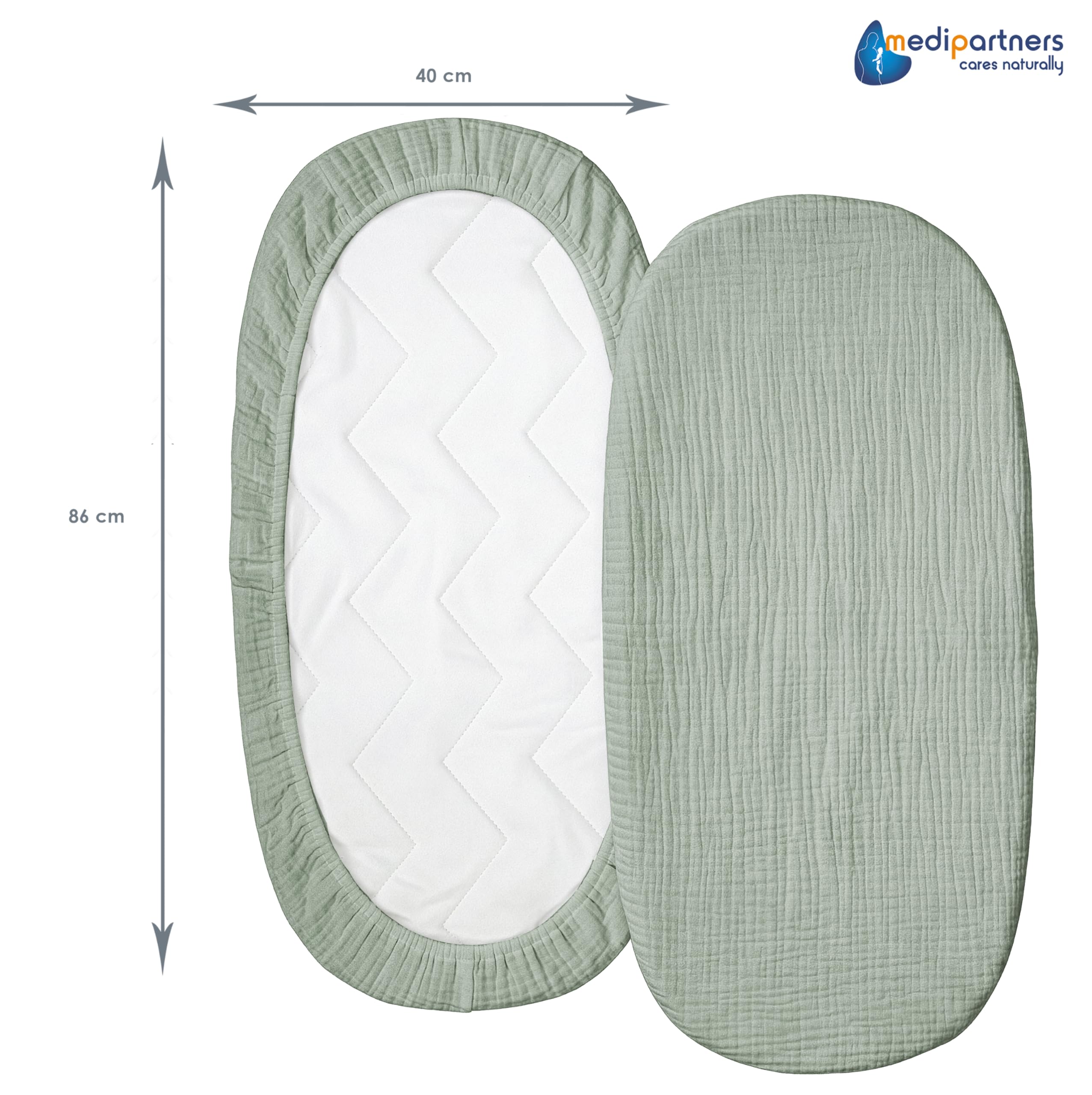 Medi Partners Lenzuola Lettino Culla 86x40 Set 3 Lenzuolo Navicella Neonato Carrozzina con Angoli - 100% Cotone Mussole Passeggino Materasso Fitted Sheet Coprimaterasso (Oliva-Bianco-Grigio)