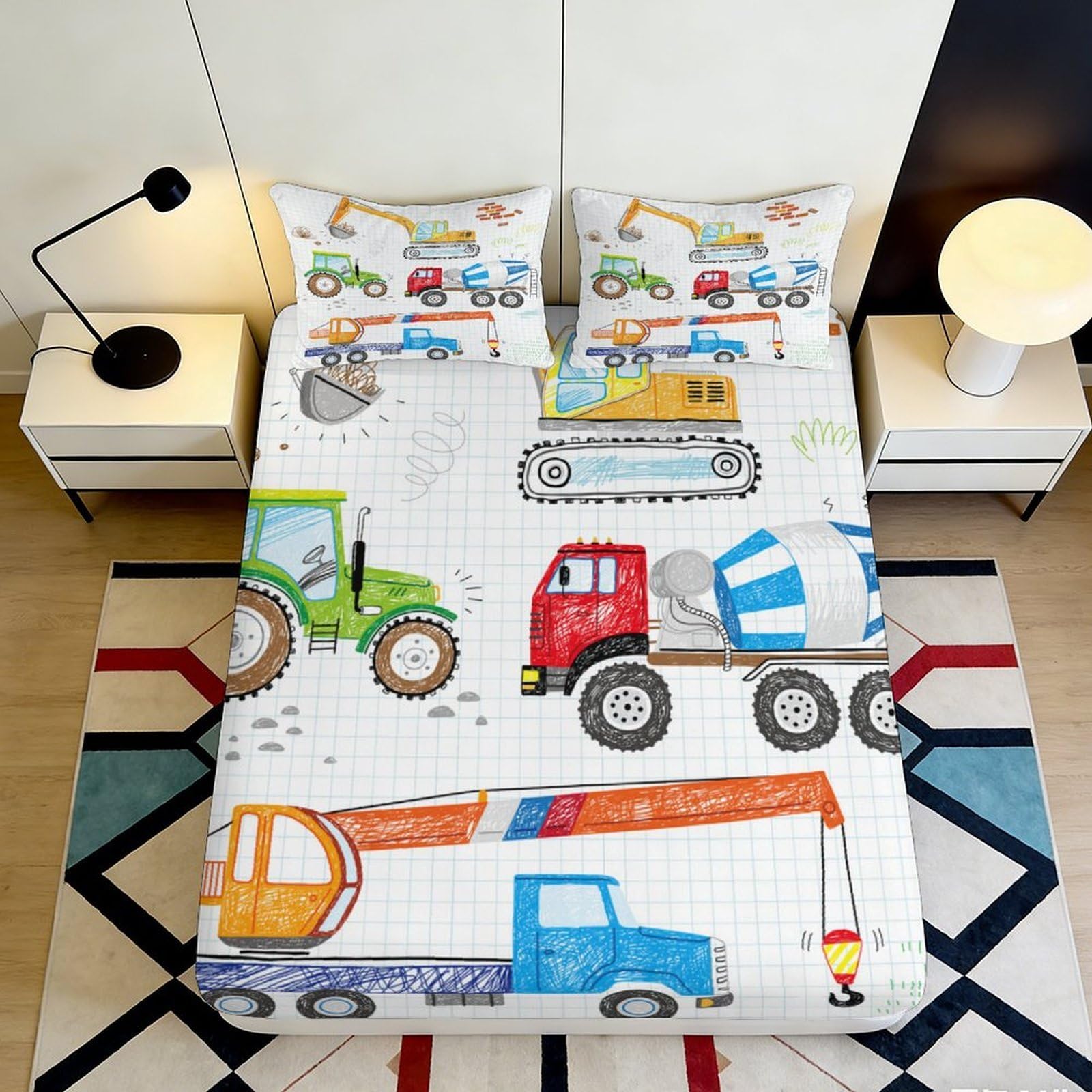 3D Printed Construction Trucks Fitted Sheet Microfiber Soft Non-Slip Digger Bed Sheet for Bedroom Dorm Bed Decor 90x200x25cm