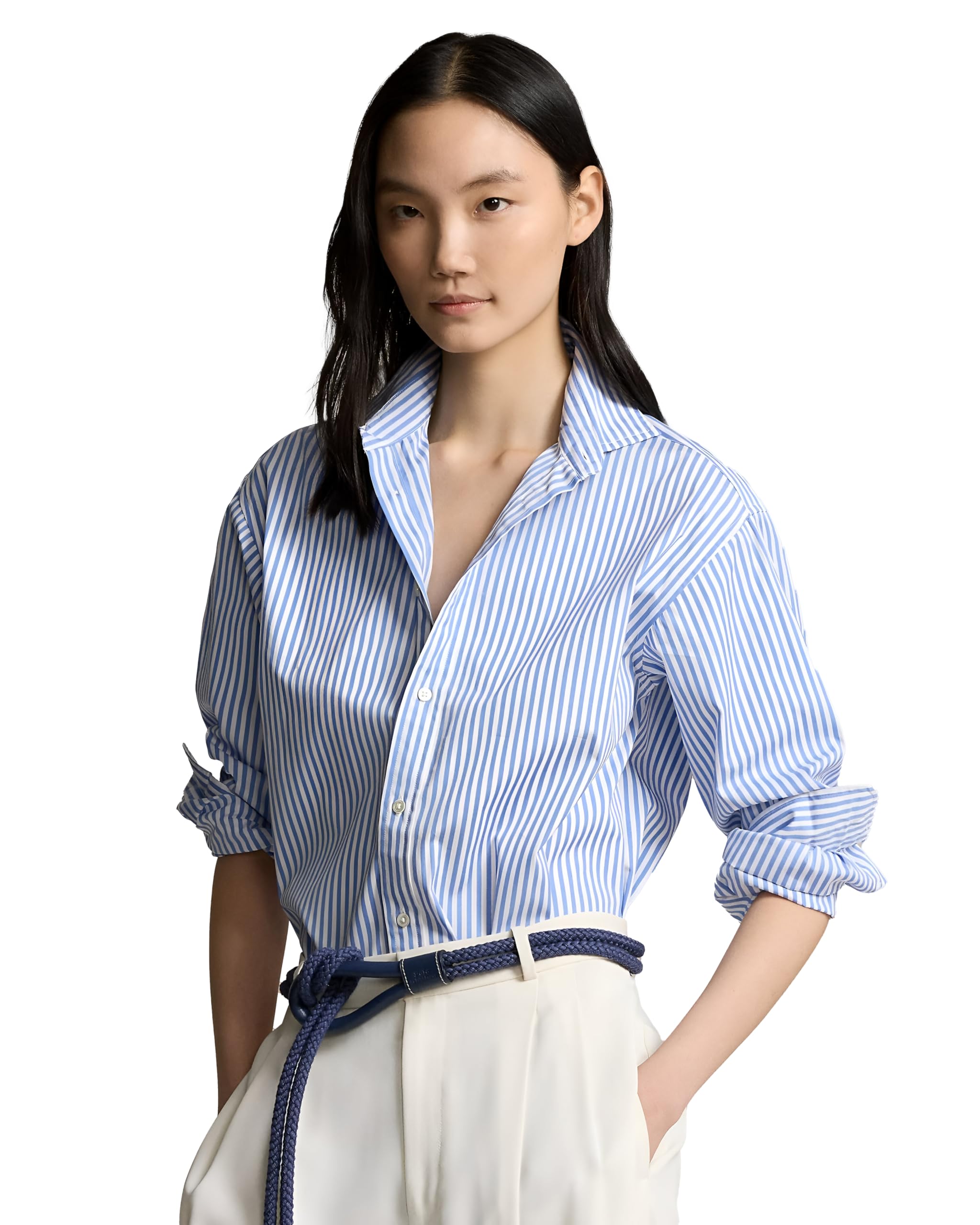 wovenbycountex Women's Classic Striped Button-Down Shirt, Long Sleeve, Blue and White-picture-26