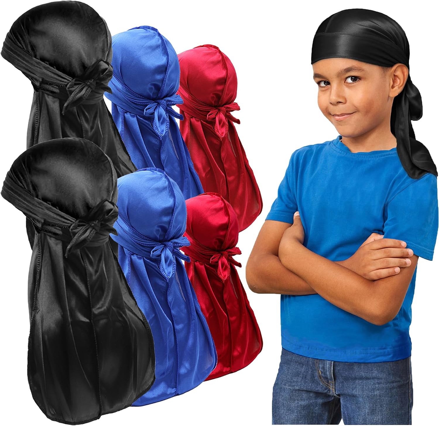 6 Pieces Kids Silky Durags for Children 2-10 Years Old Long Tail Wide Straps Satin Do Rags Caps