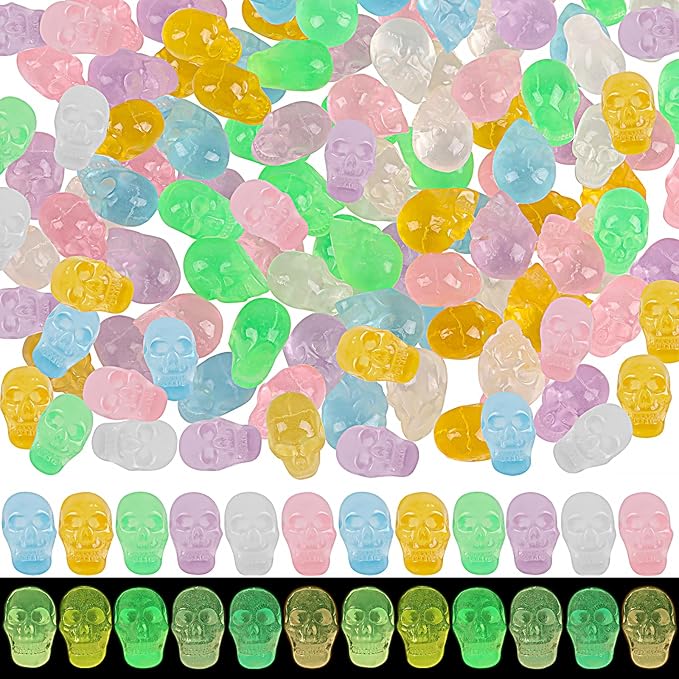 FOIMAS 60pcs Mini Luminous Skull Figurine,Halloween Resin Skulls for Halloween Craft Table Decoration Party Decoration Supply