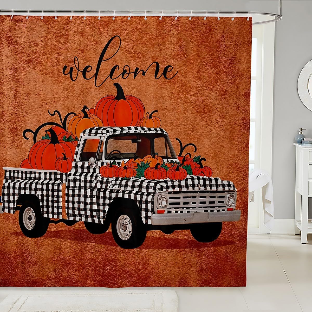 Erosebridal Cartoon Car Bathtub Shower Curtain Kids Pumpkin Bath Curtain 72" W X 84" L, Gold Autumn Theme Shower Curtain Geometric Plaid Buffalo Cloth Fabric Bathroom Decor Set with Hooks, Brown