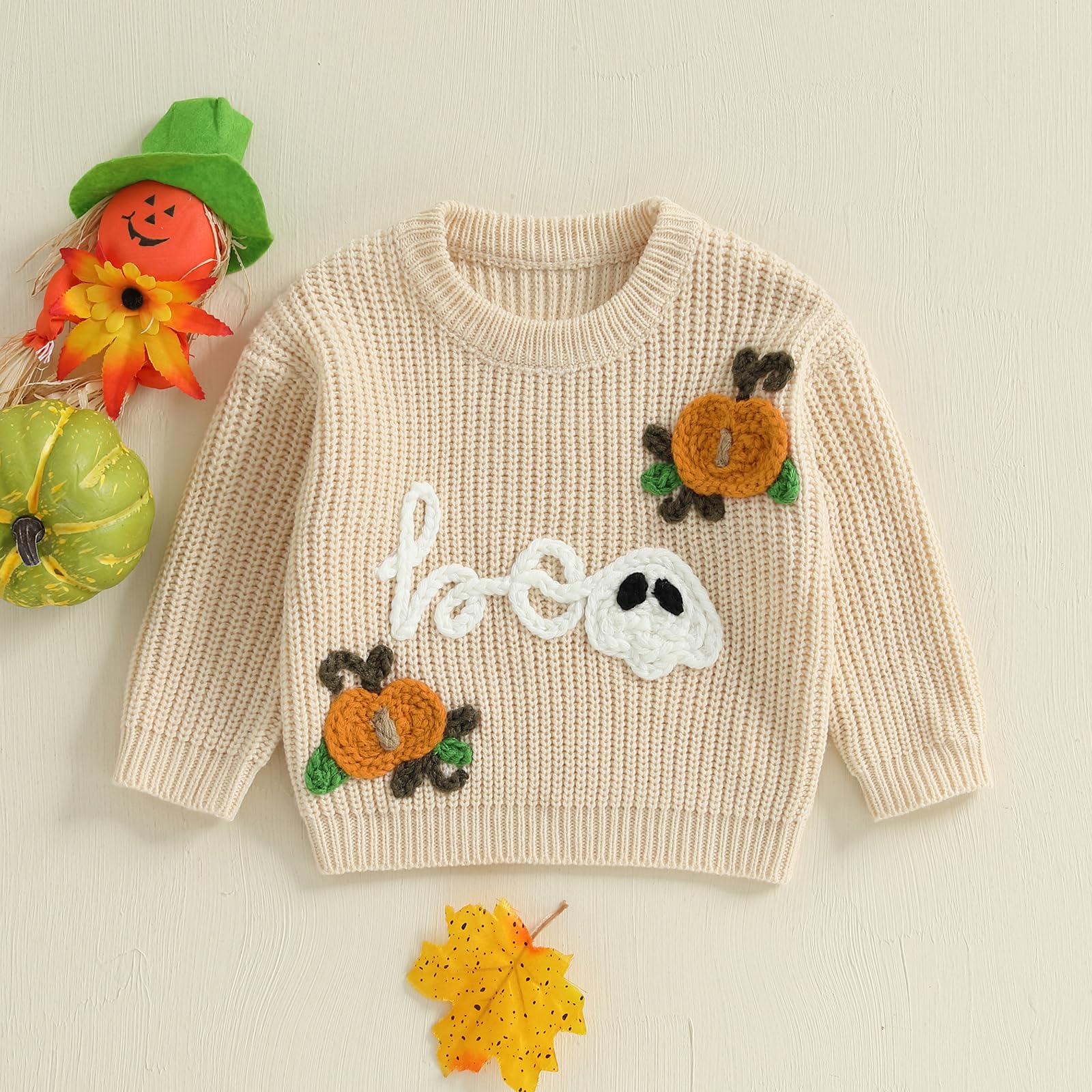 Baby Boy Girl Halloween Outfit Pumpkin Knit Sweater Ghost Embroidery Knitwear Toddler Halloween Fall Clothes (Cream, 6-9 Months)
