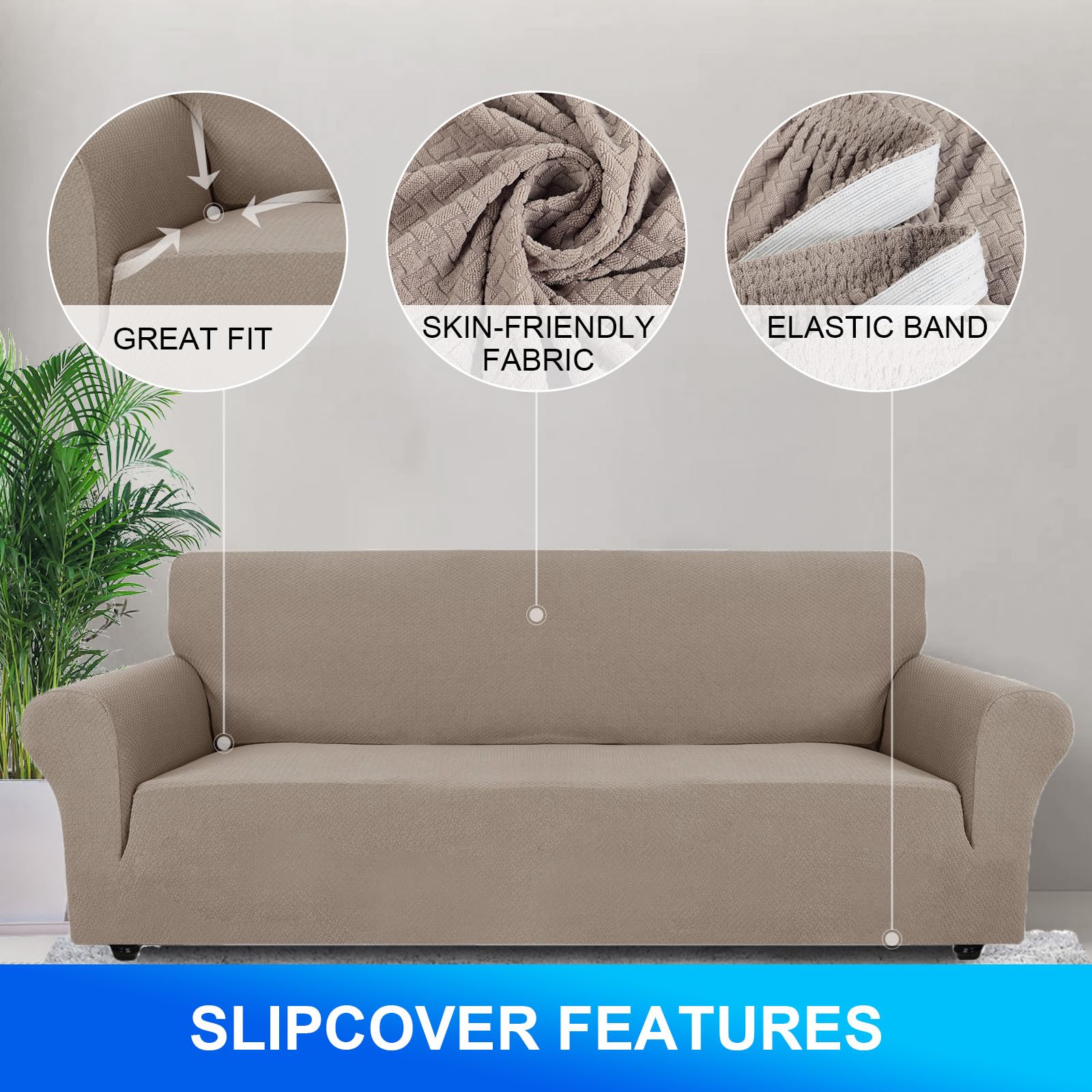 CYCMACO Copridivano 3 Posti Con Braccioli, Copridivani Elasticizzato Antiscivolo, Universale Moderno Copri Divano Antigraffio, Sofa Cover Antimacchia, Lavabile In Lavatrice, Cachi