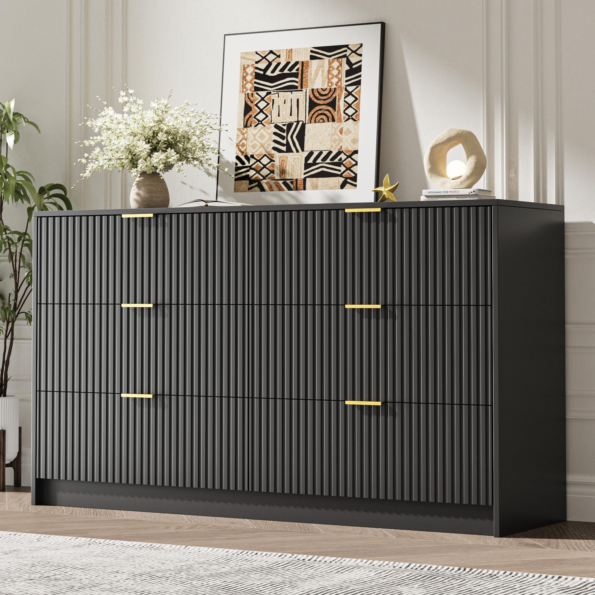 MAISONARIA Black 6 Drawer Dresser for Bedroom, 55" Wide Modern Chest of Drawers with Gold Metal Handles, Fluted Wood TV Stand for Living Room, Hallway