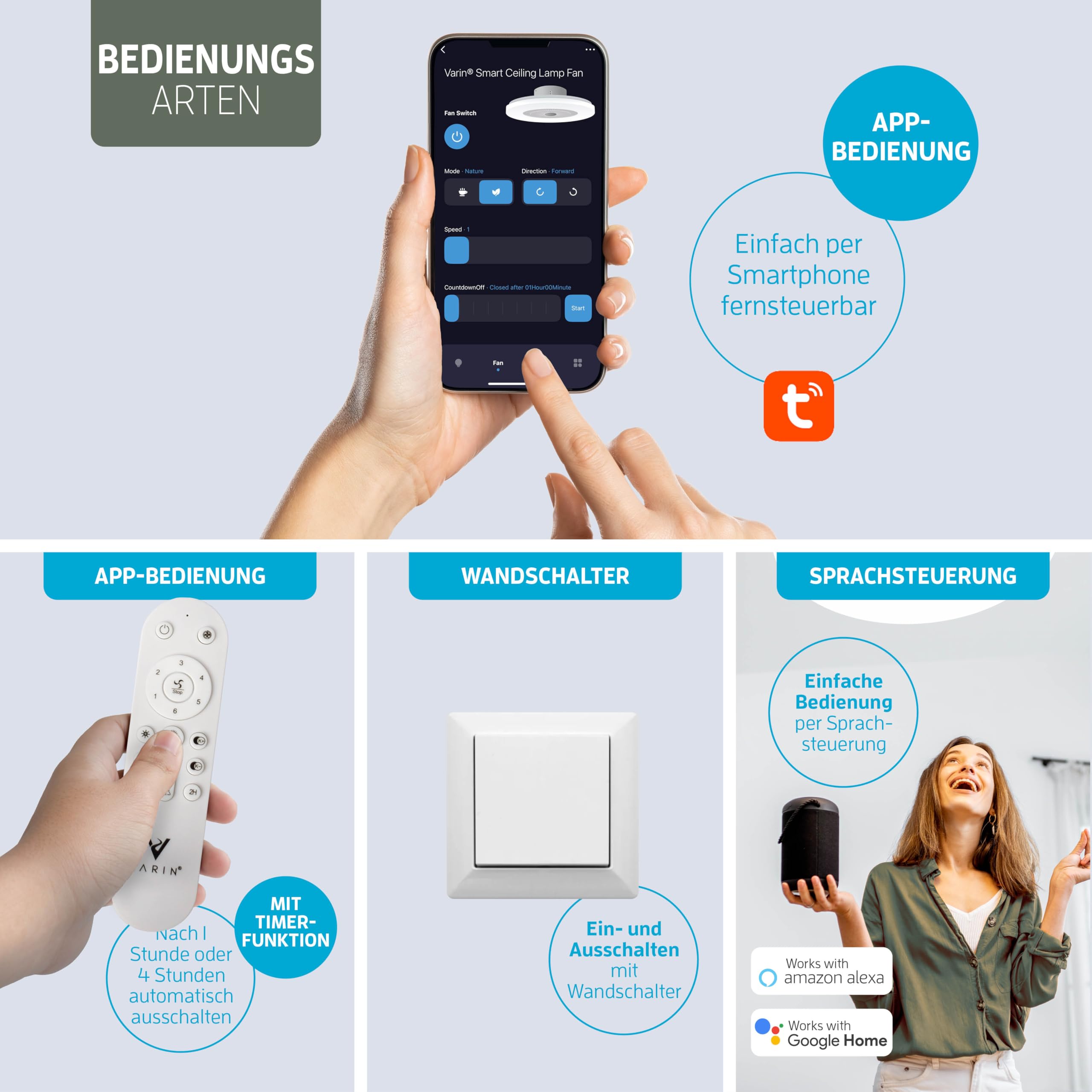 Varin® Smart Deckenventilator mit Beleuchtung, Tuya WLAN, Ventilator Leise 20dB, LED 36W RGBW, Fernbedienung, Einziehbare Flügel, Ventilator Lampe Decke, Ø 50 cm/108 cm, Schwarz