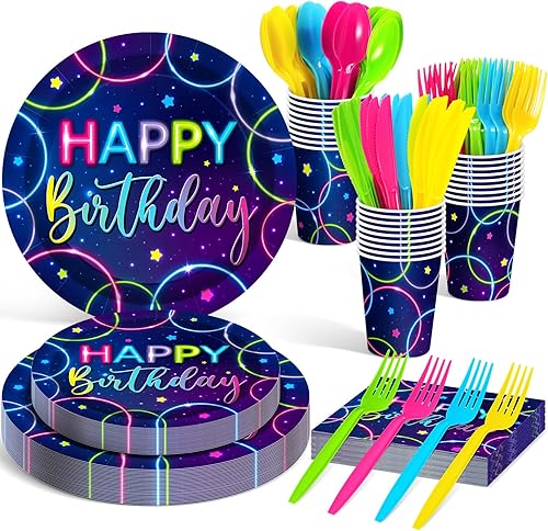 Miniatura 8 de Meanplan Sirve a 24 invitados con platos y servilletas de cumpleaños arcoíris con lunares, juego de vajilla de cumpleaños de lunares arcoíris para