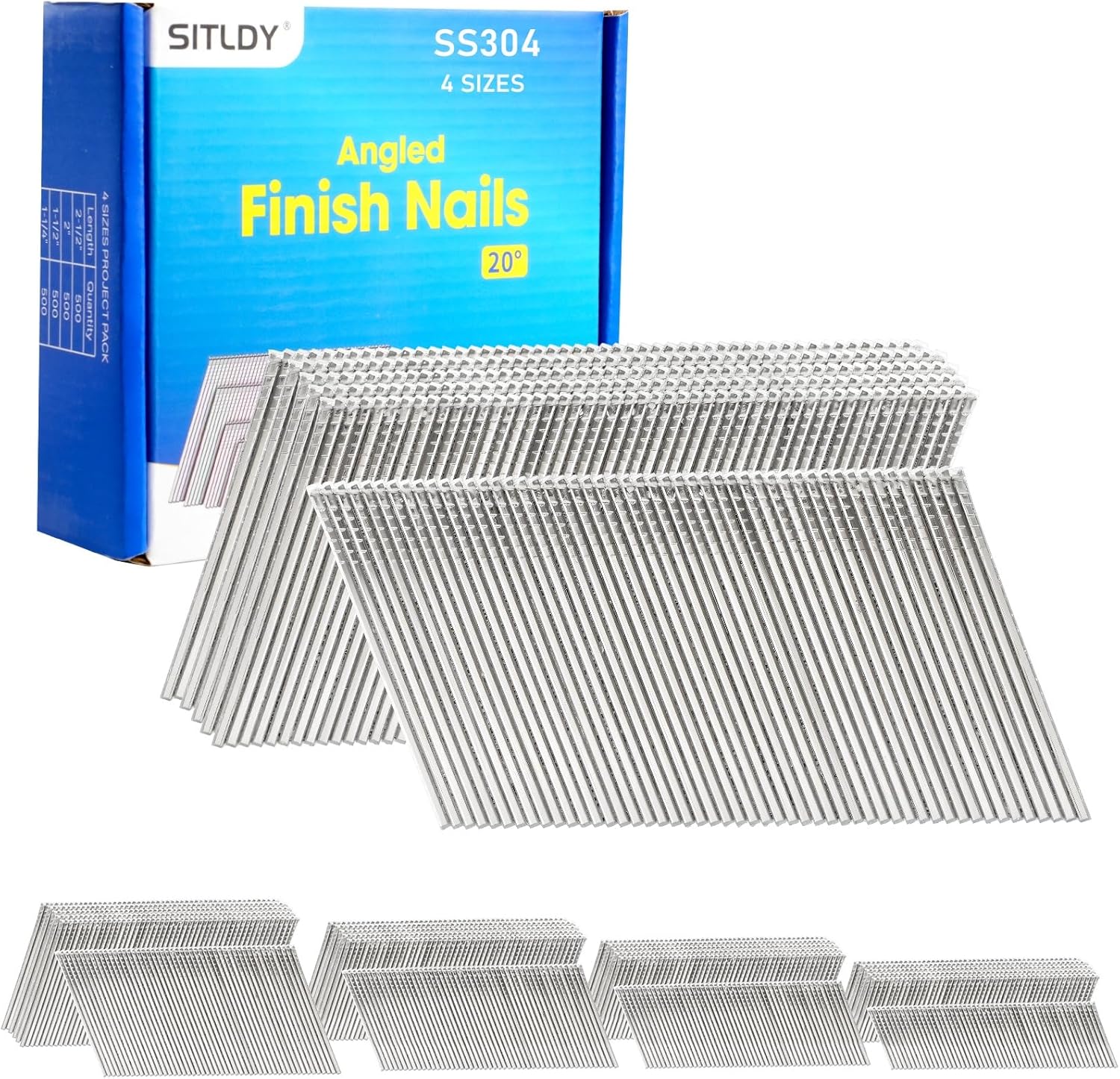 304 Stainless Steel 16 Gauge Angled Finish Nails, 20-Degree, 2000-Pack (2-1/2", 2", 1-1/2", 1-1/4" 500 Per Sizes), Assorted Size Project Pack, for Pneumatic, Electric Angled Finish Nailer