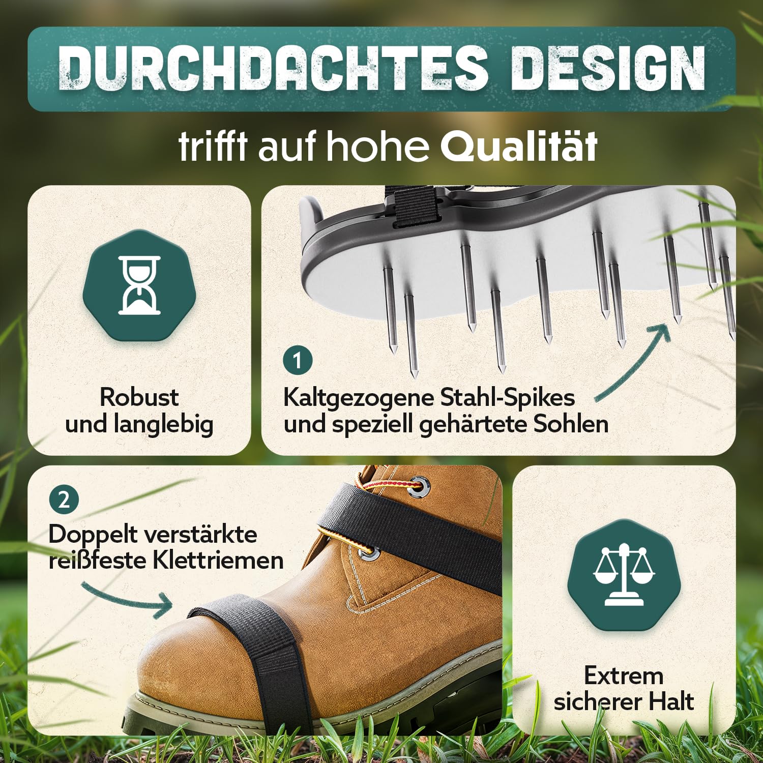 Nagelschuhe Pro | Rasenlüfter Schuhe + Estrichschuhe | Rasenbelüfter Vertikutierer und Aerifizierer für Rasenbelüftung | Premium Rasenschuhe zum Rasen belüften und auflockern - vormontiert