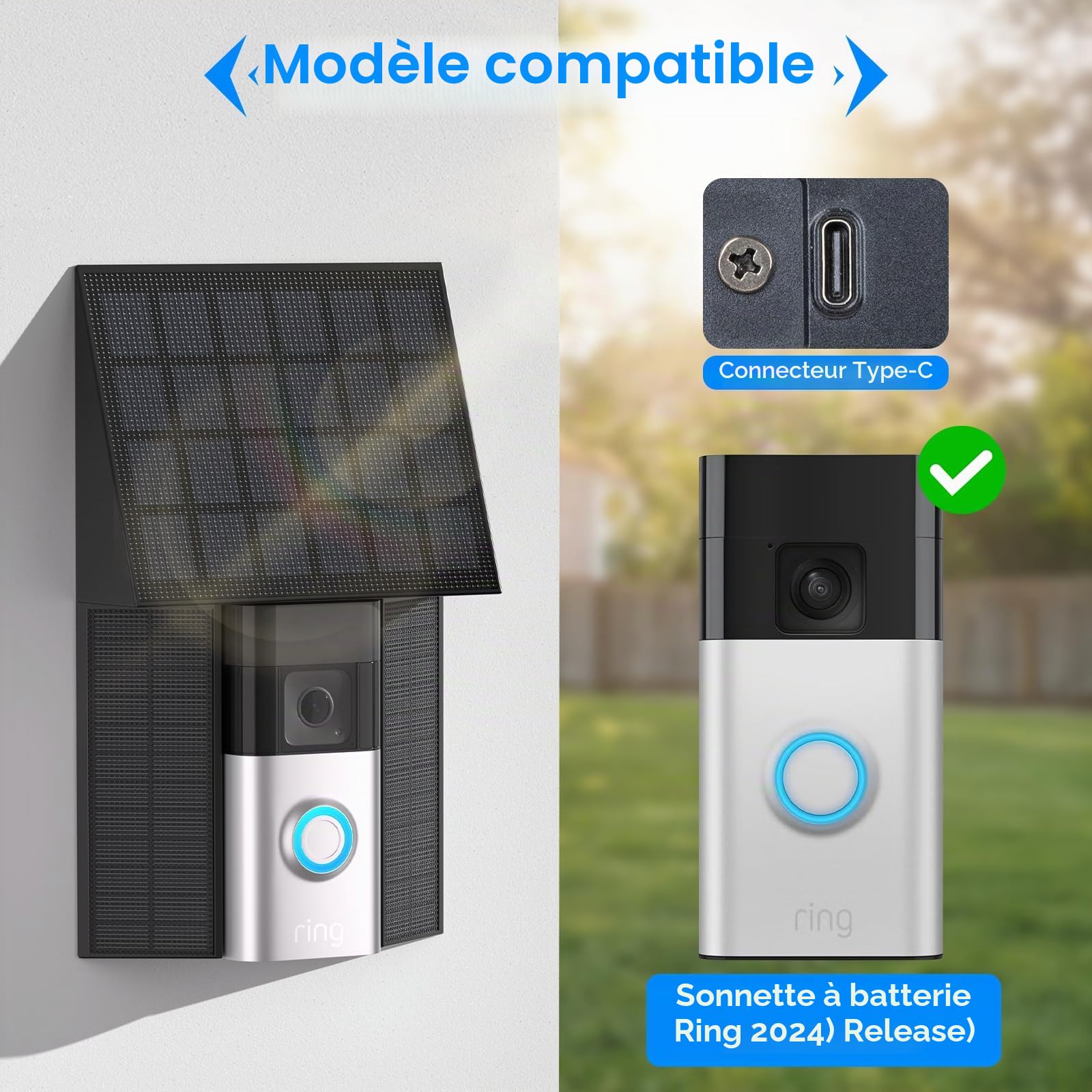 Chargeur solaire 4W compatible avec la sonnette de porte Ring à batterie (Port USB-C) Étanche Panneau solaire pour sonnette Ring - Noir 1 Pack