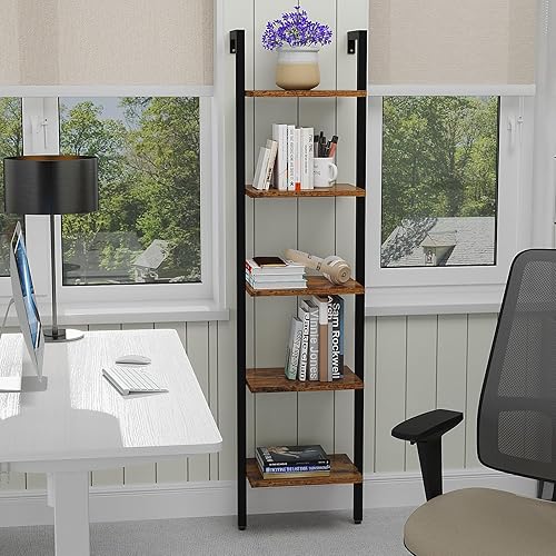 Miniatura 4 de YMYNY Estantería de escalera de 5 niveles, estantería de pared industrial, estante de exhibición abierta con marco de metal, estantes de