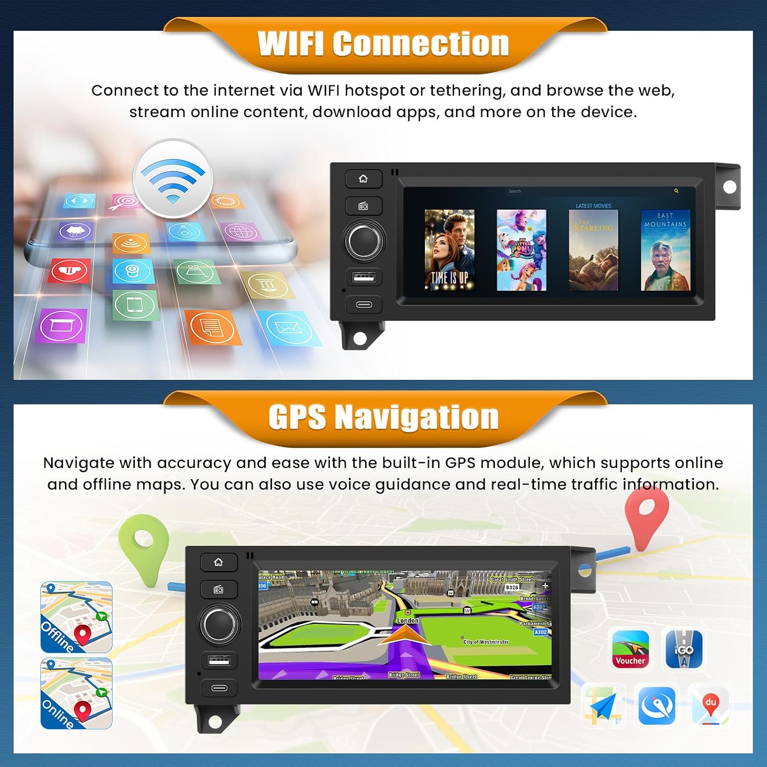 4+64G 8 Core Android 15 Car Radio Stereo for Dodge Ram 1500/2500/3500 1994-2002,Jeep Wrangler 1997-2002,Cherokee 1997-2001with Wireless Carplay,6.86" Touchscreen Car Radio with WiFi,GPS,BT,FM RDS image 5